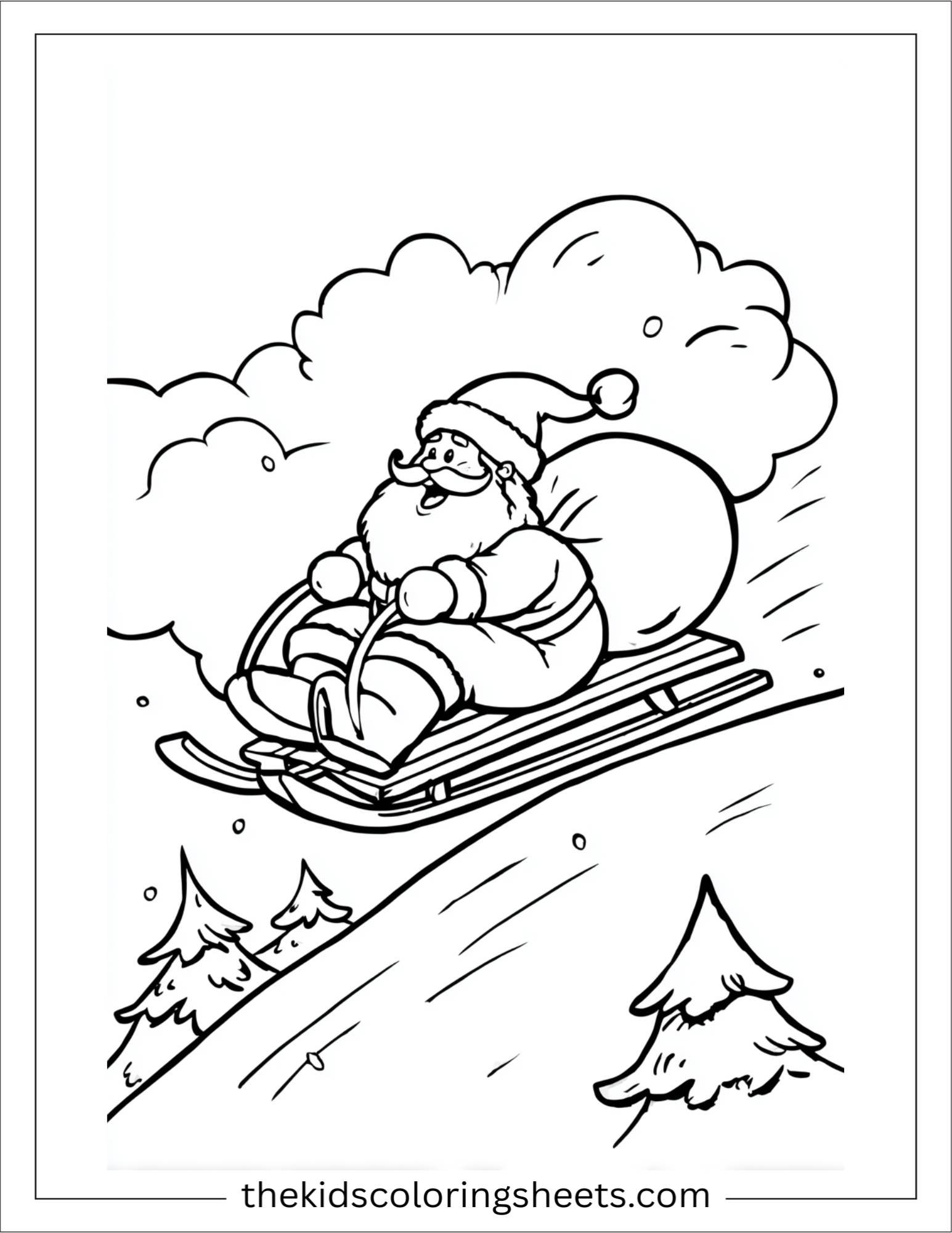 Santa Claus sledding down hill
