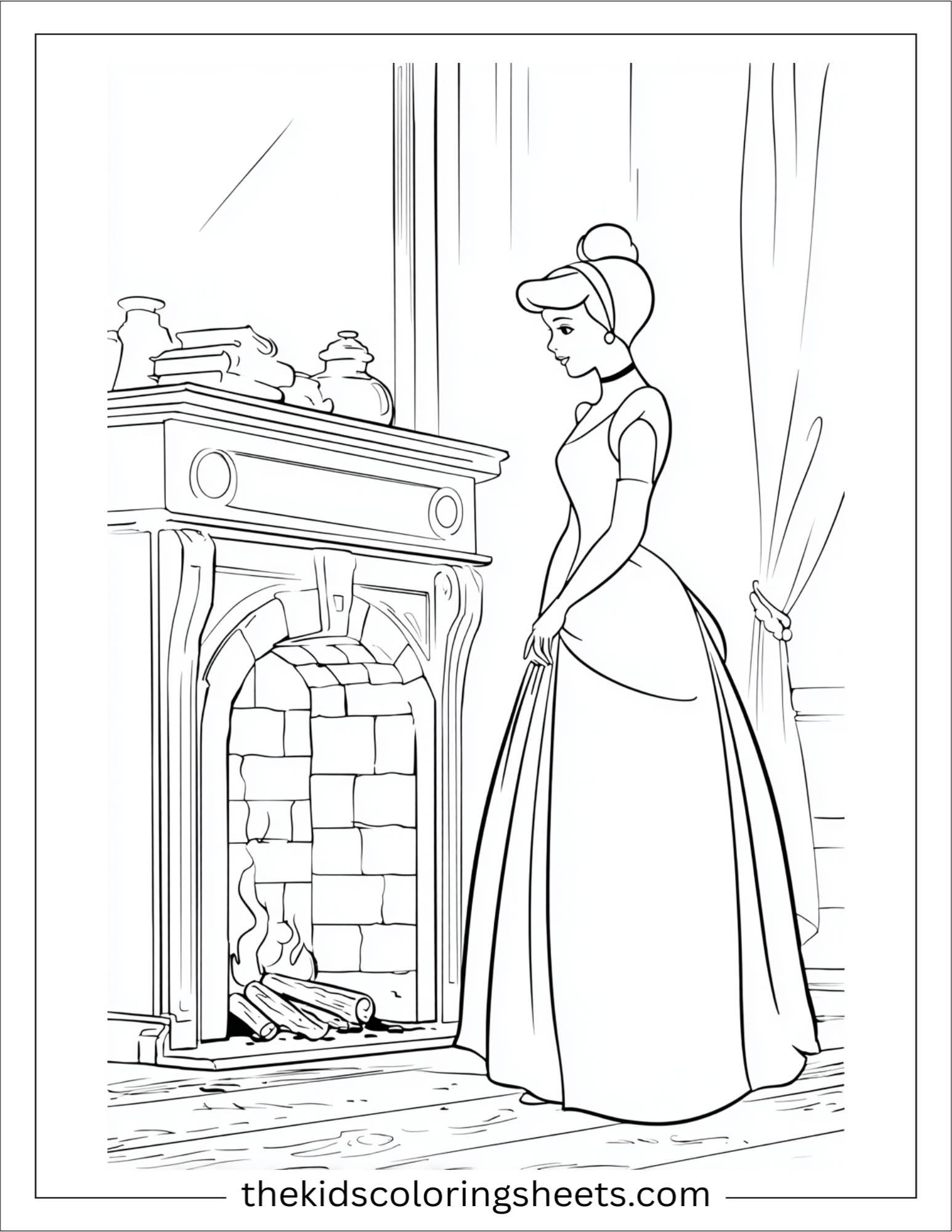 Cinderella standing near fireplace