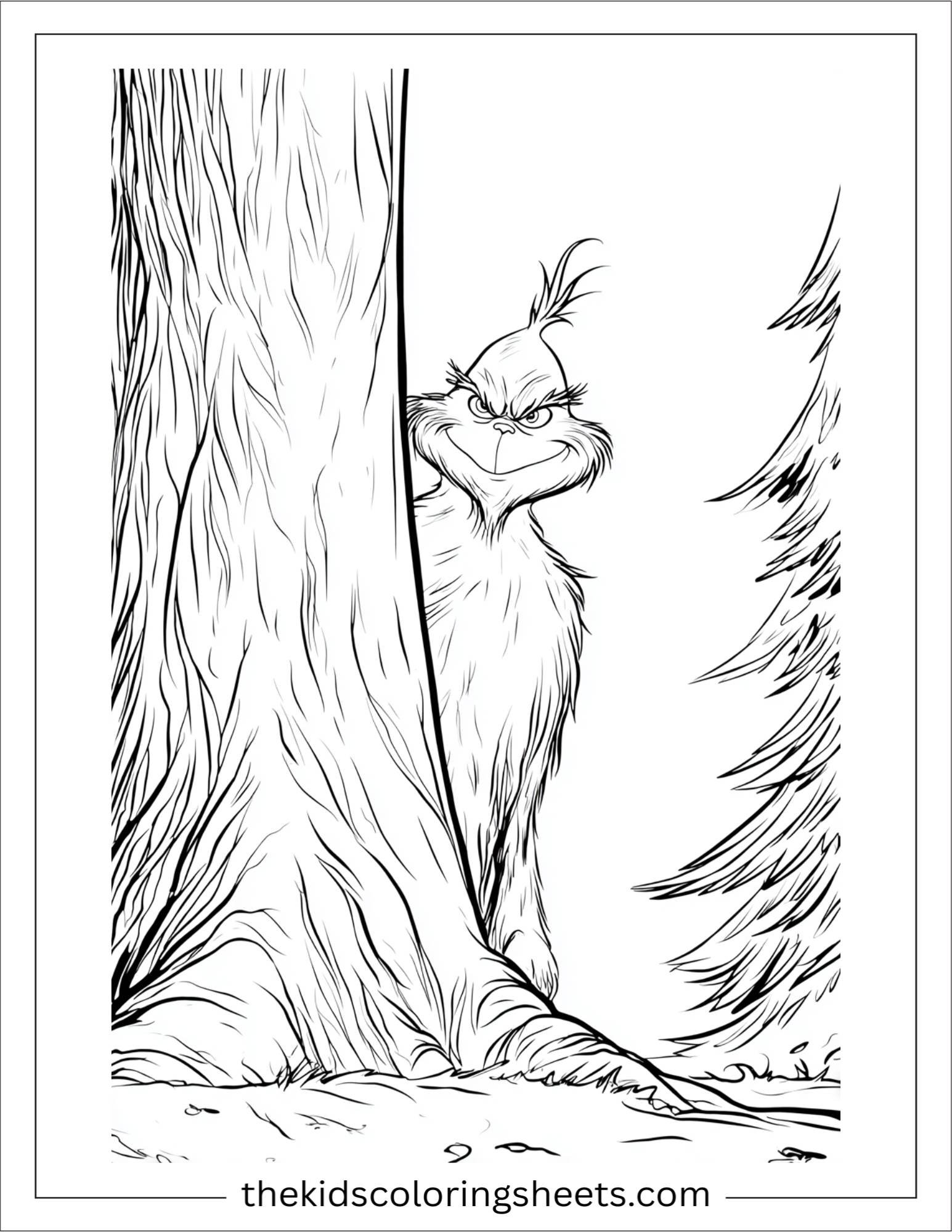 Grinch hiding behind a tree