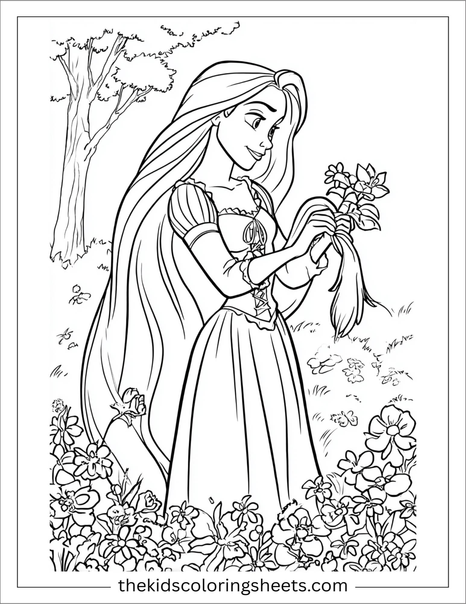 Rapunzel braiding flowers into hair