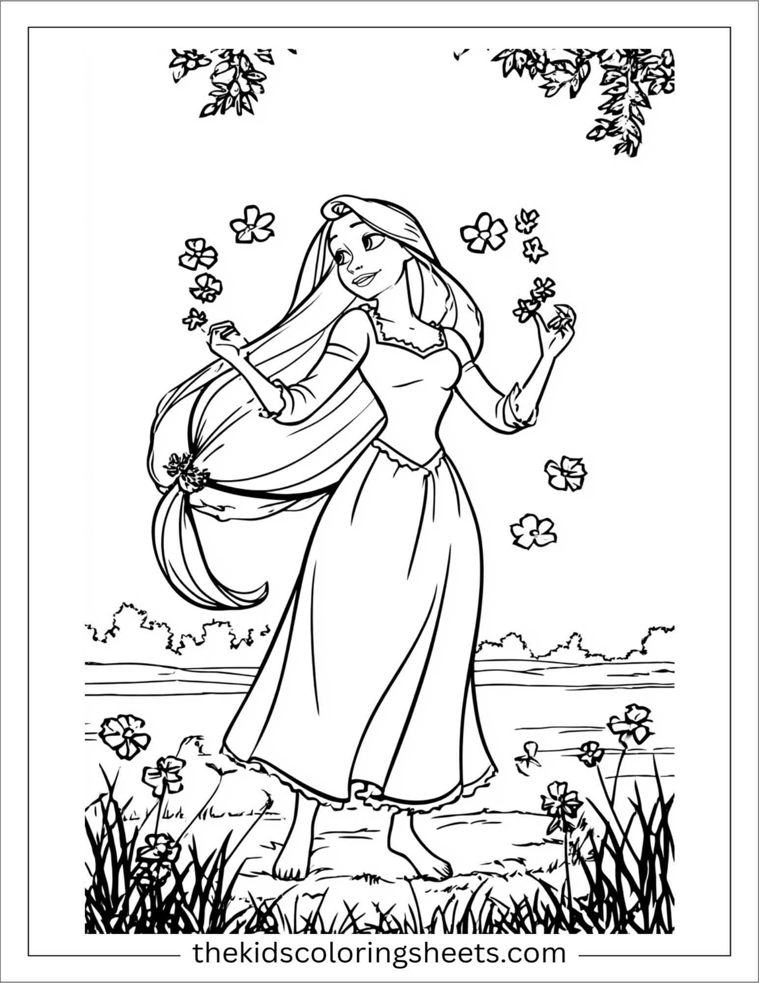 Rapunzel spinning with flowers