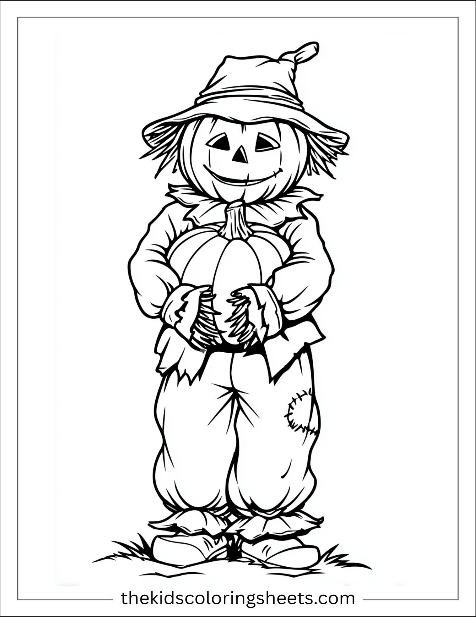 Scarecrow holding a pumpkin