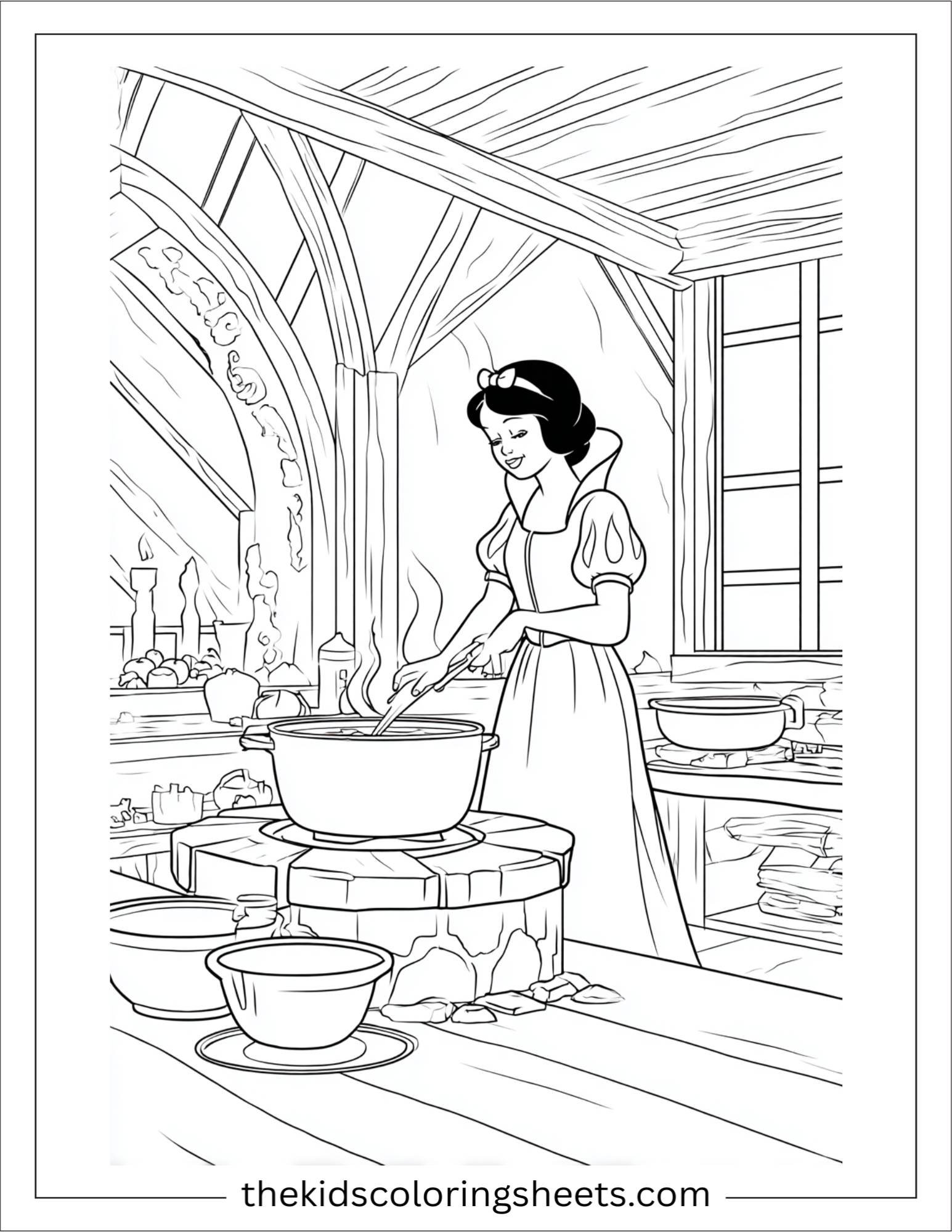 Snow White cooking in cottage