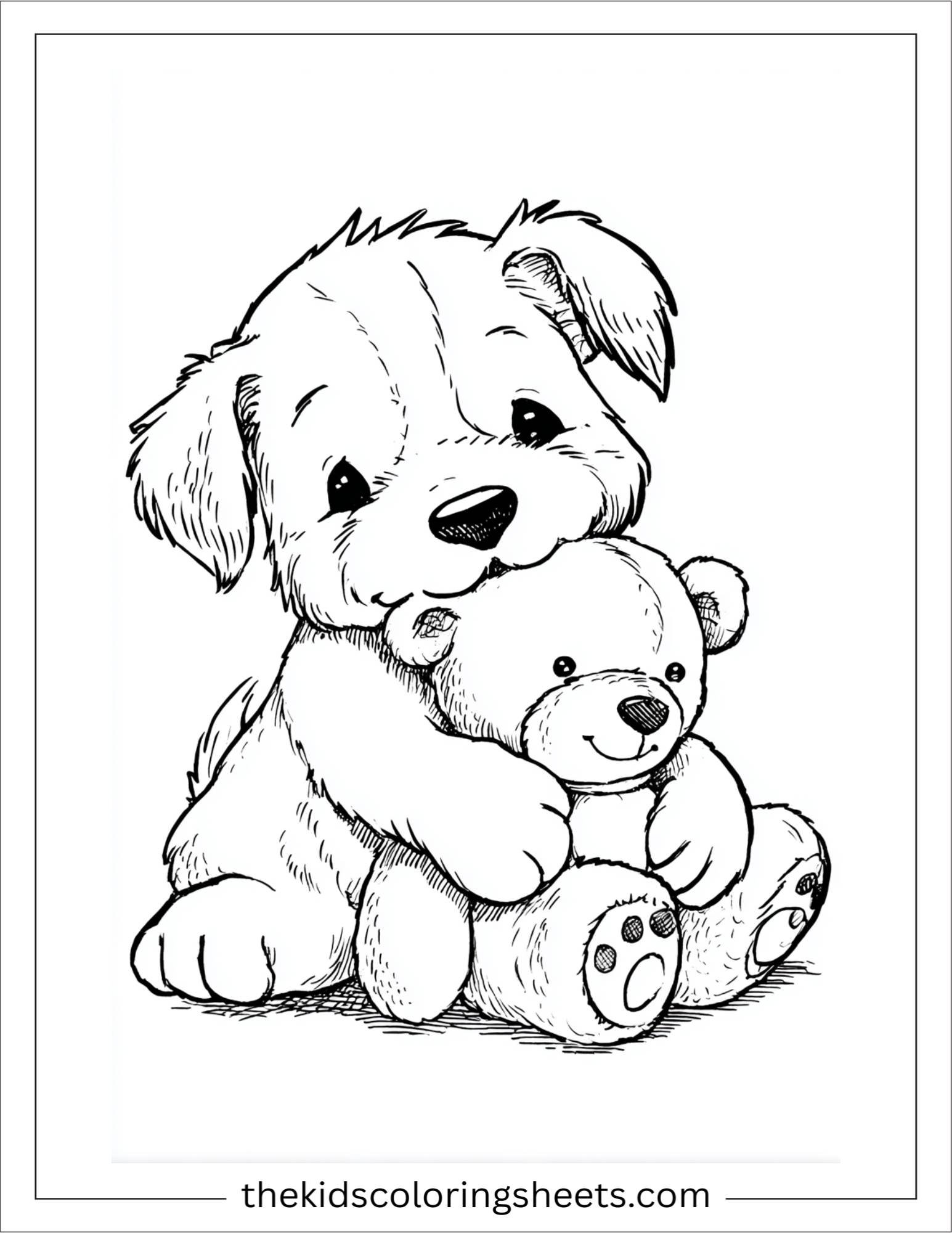 Sweet puppy hugging a teddy bear