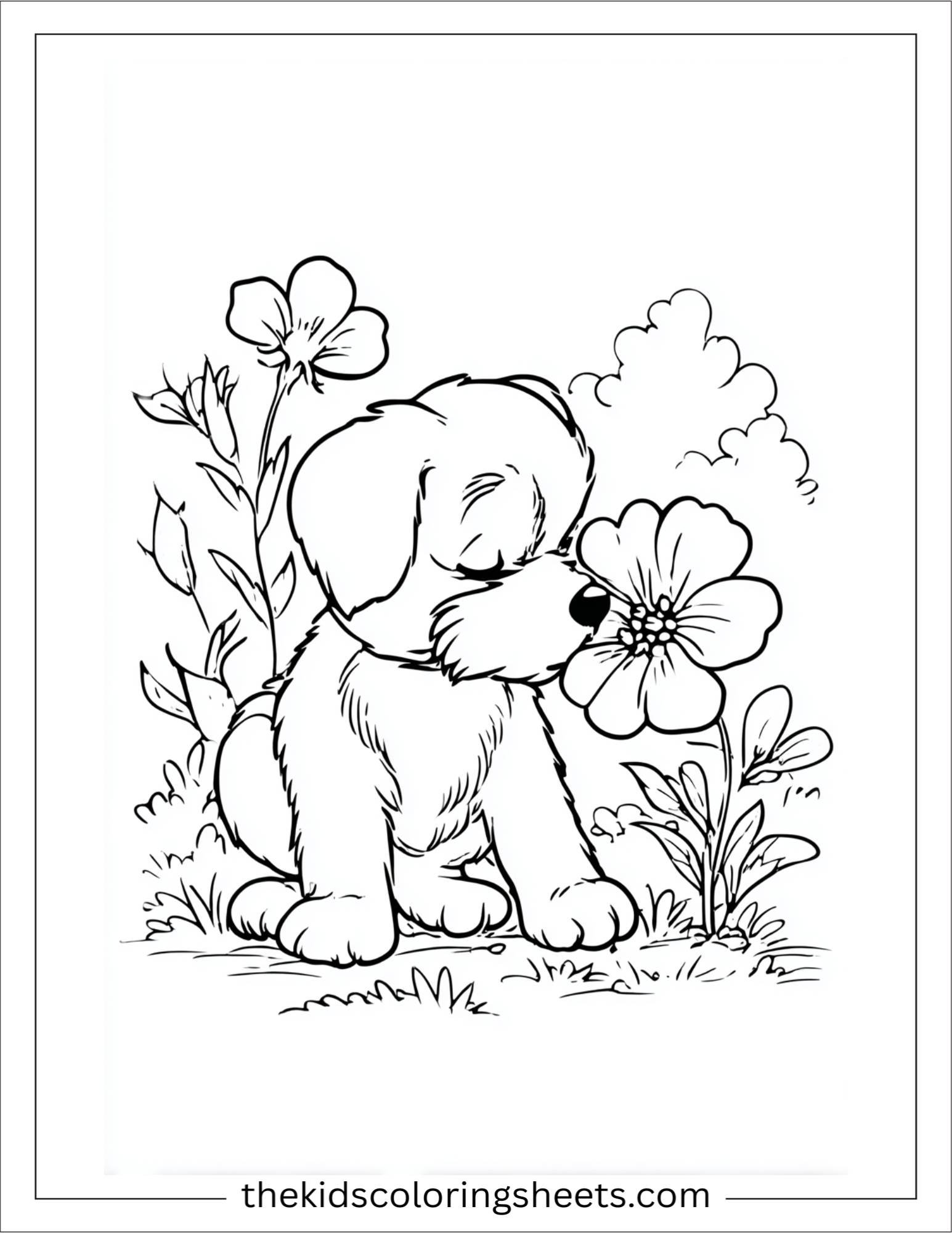 Sweet puppy sniffing a flower