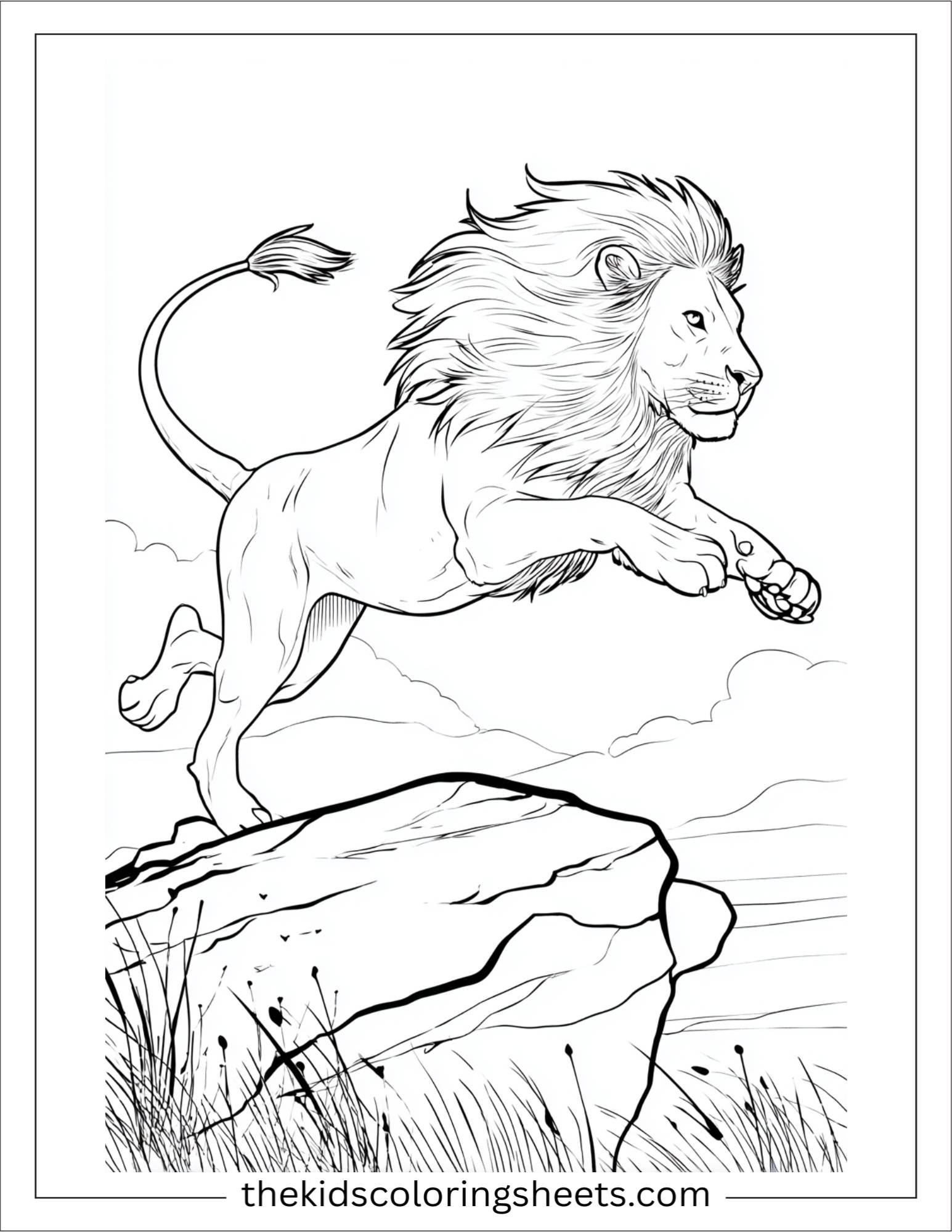 The Brave Lion leaping over rock