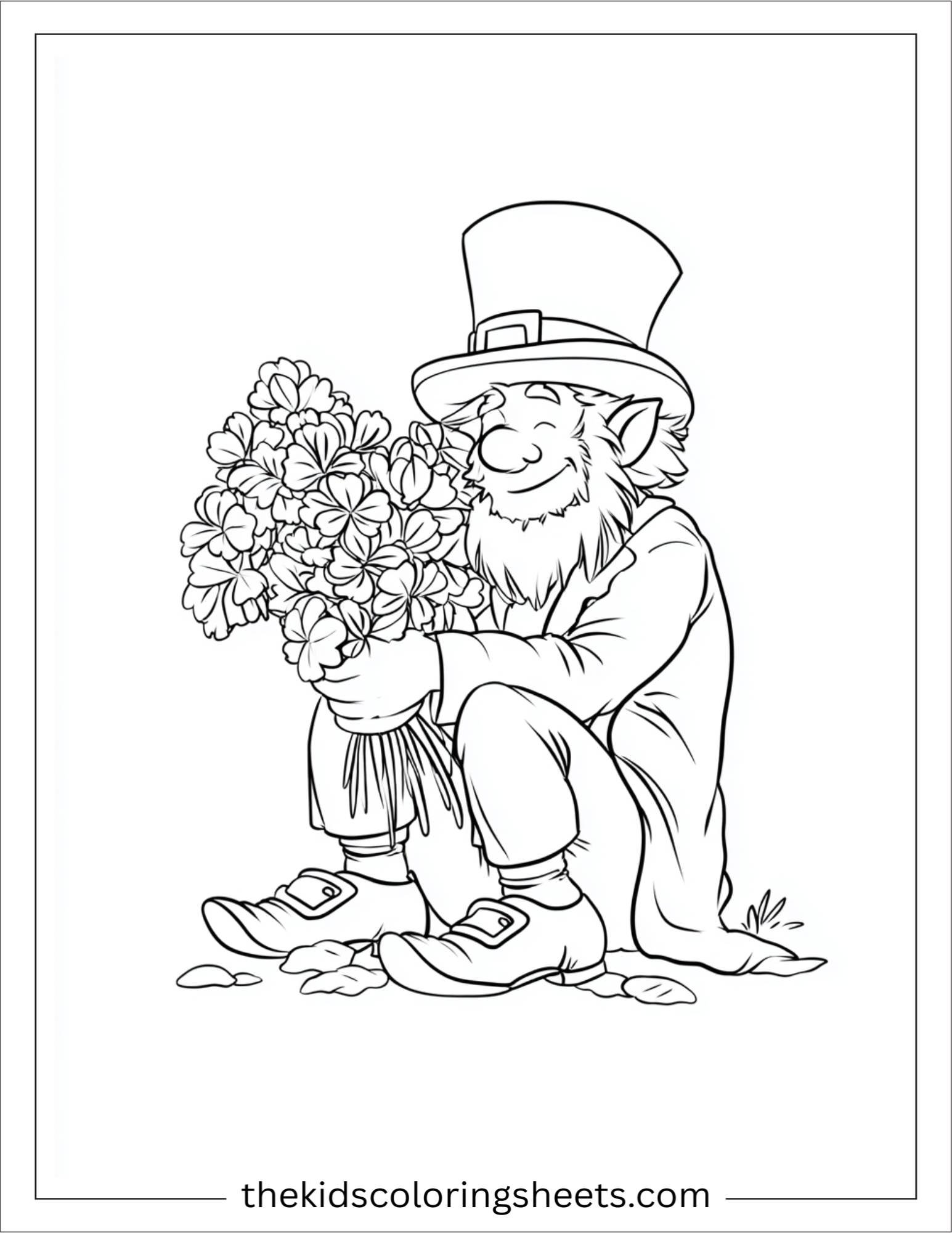 The Leprechaun sitting with clover bouquet