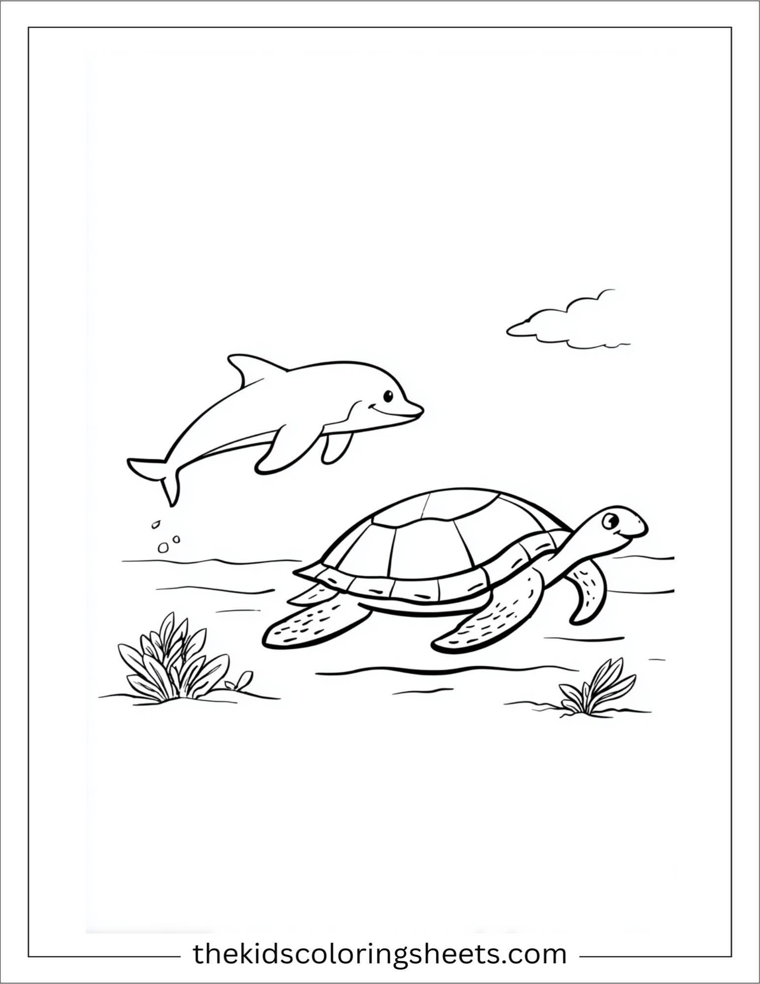 The Sea Turtle racing with dolphin