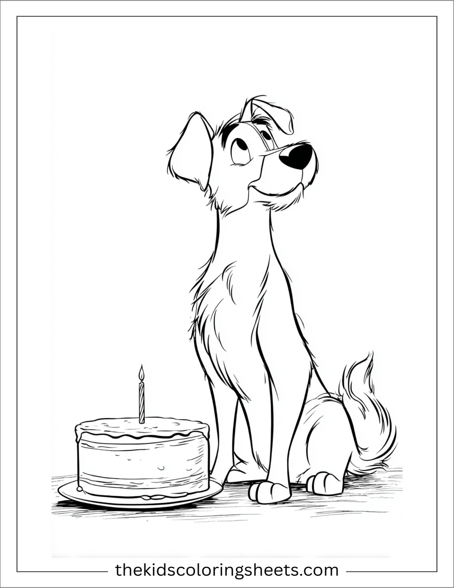 Caring dog beside a birthday cake