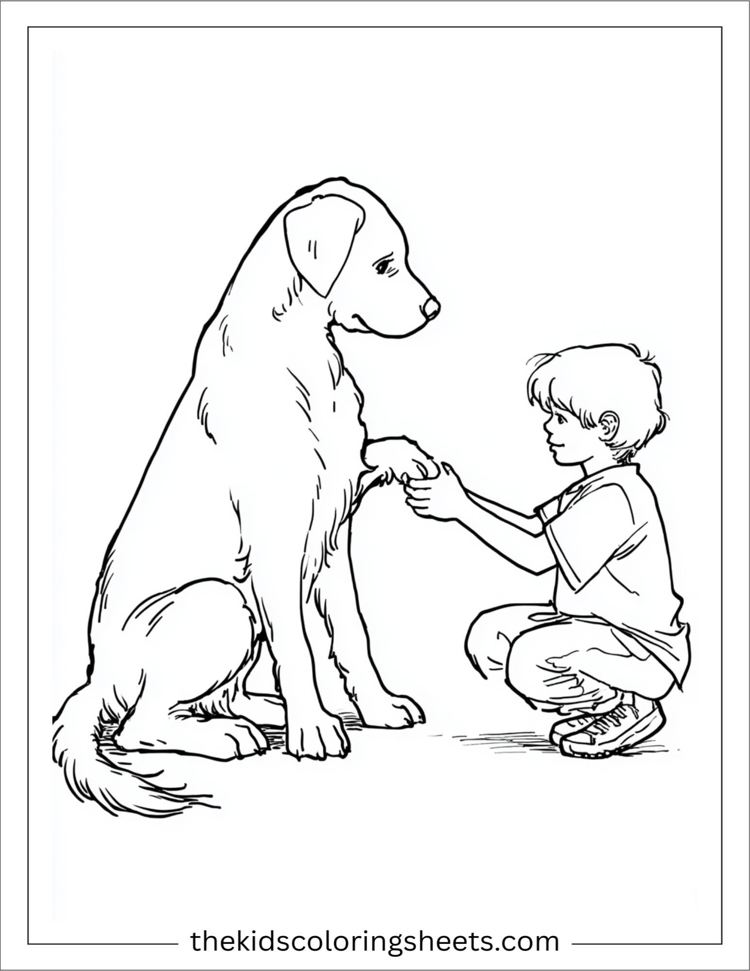 Caring dog giving paw to a child
