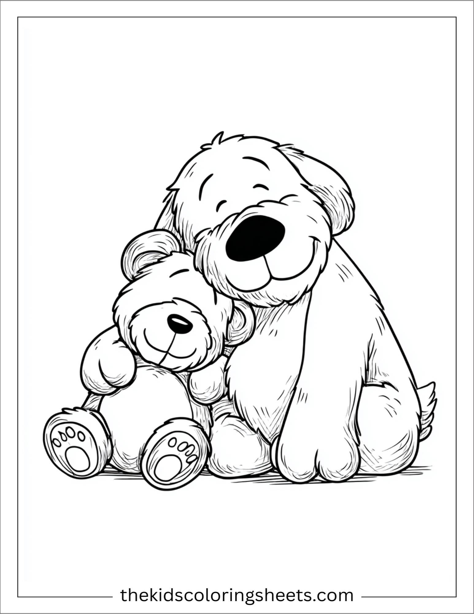 Caring dog hugging a teddy bear