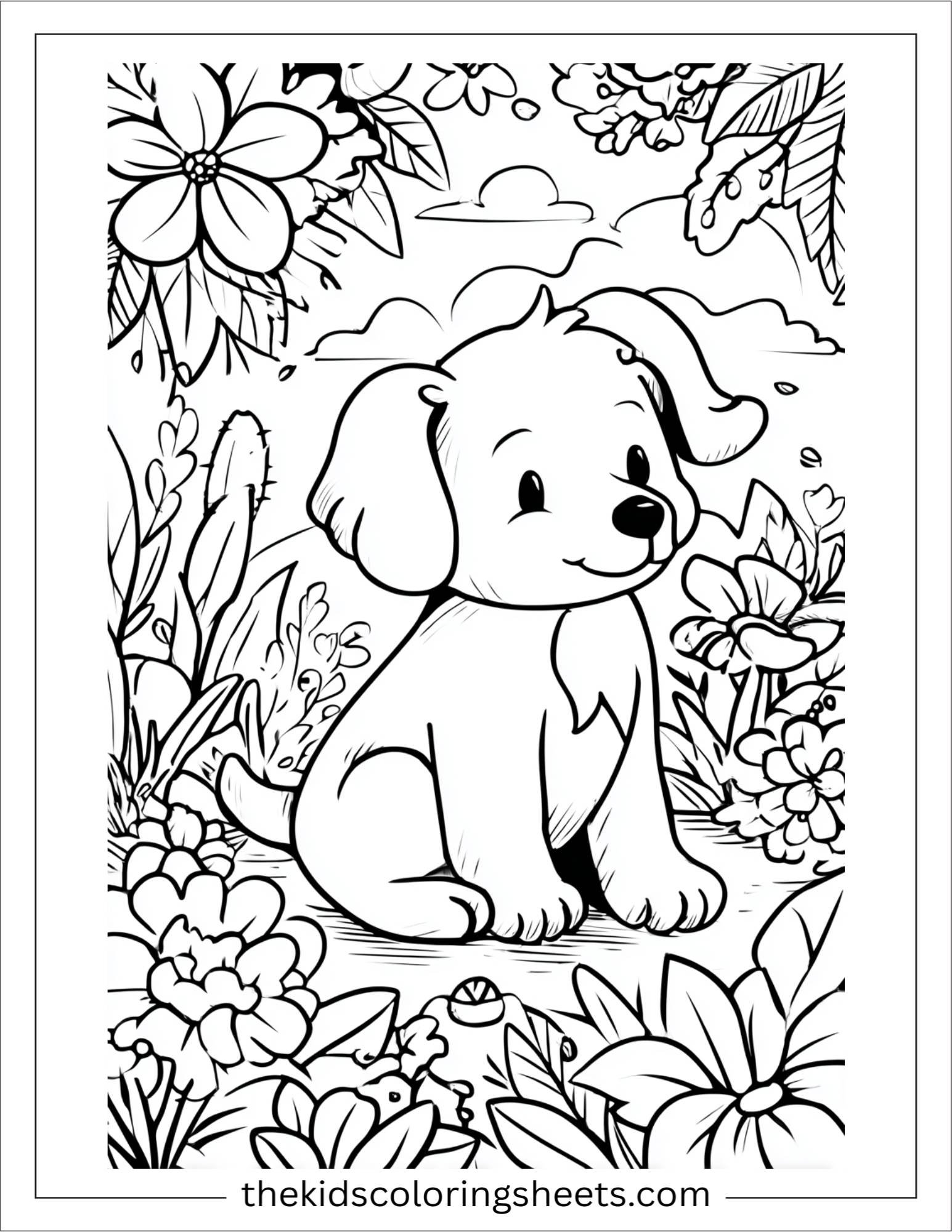 Caring dog in a flower garden