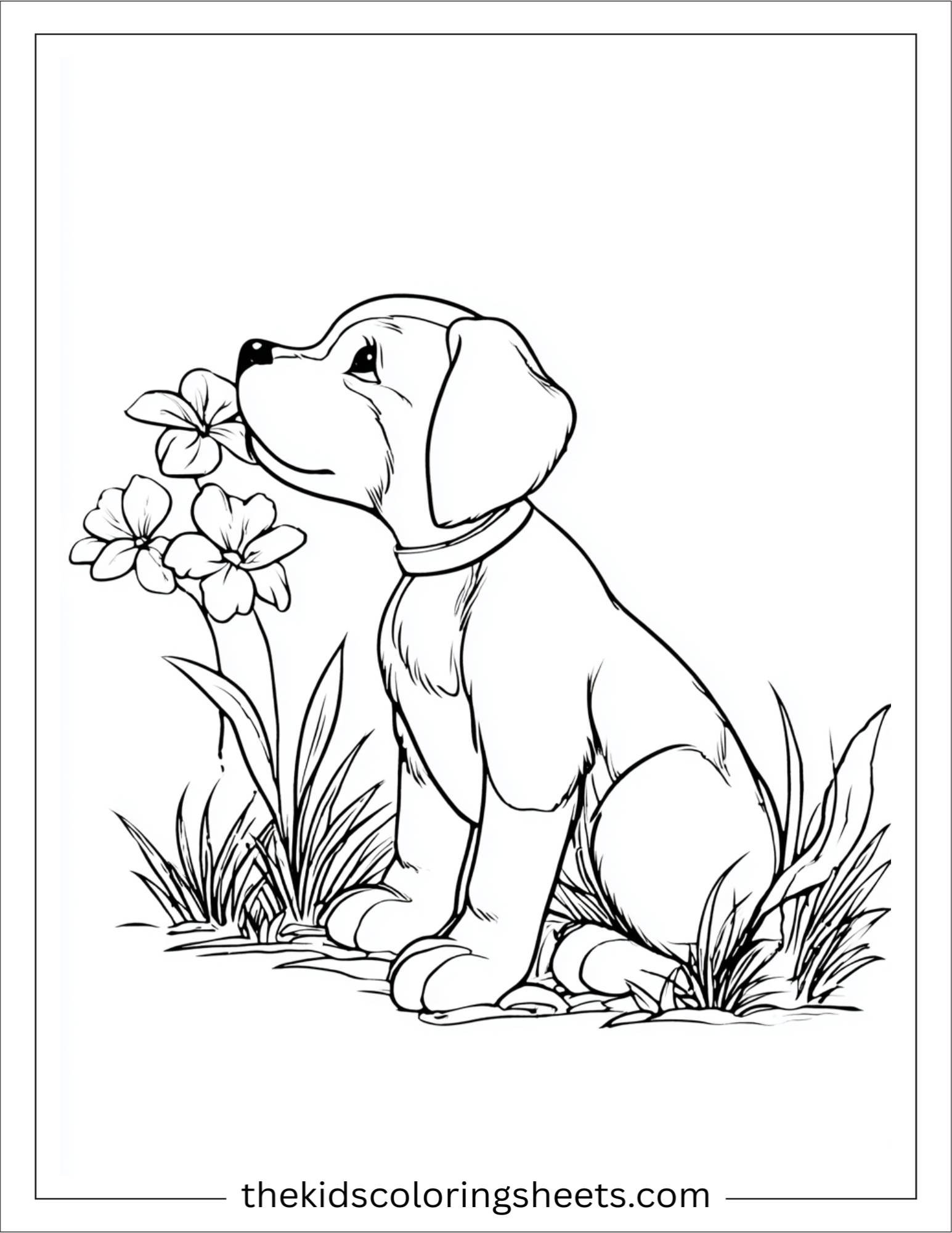 Caring dog sniffing flowers