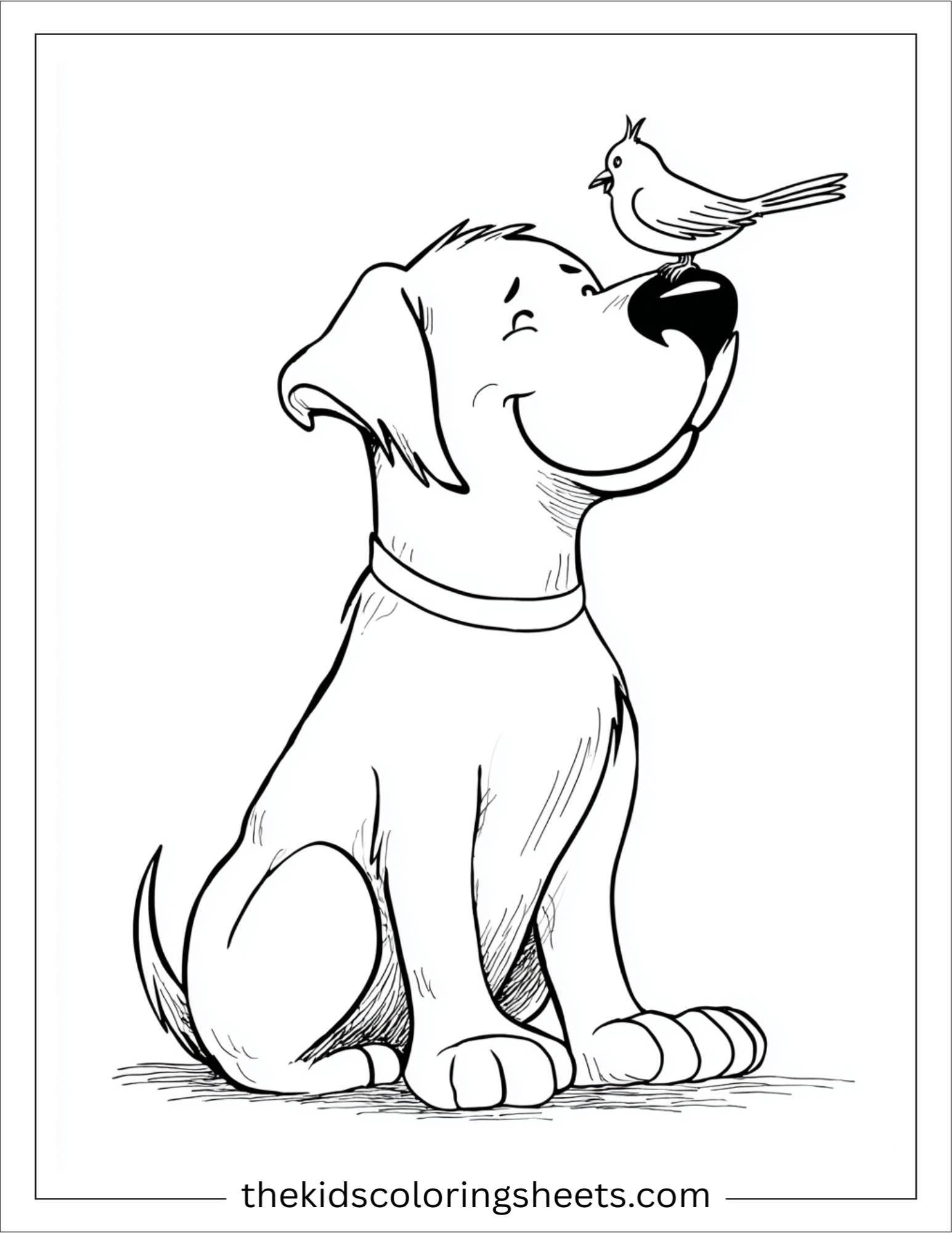 Caring dog with a bird on nose