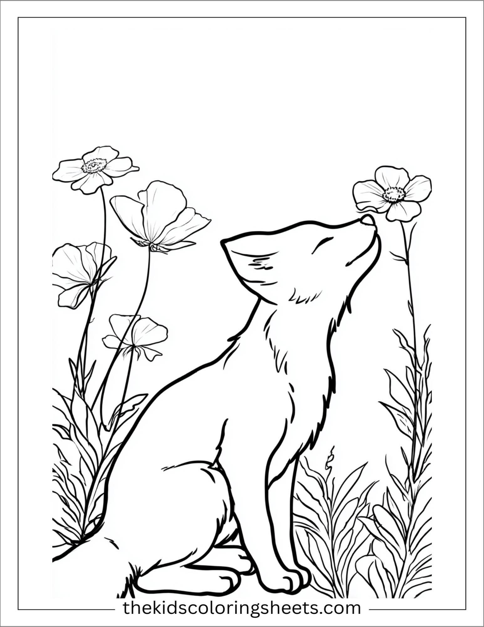 The clever fox sniffing flower