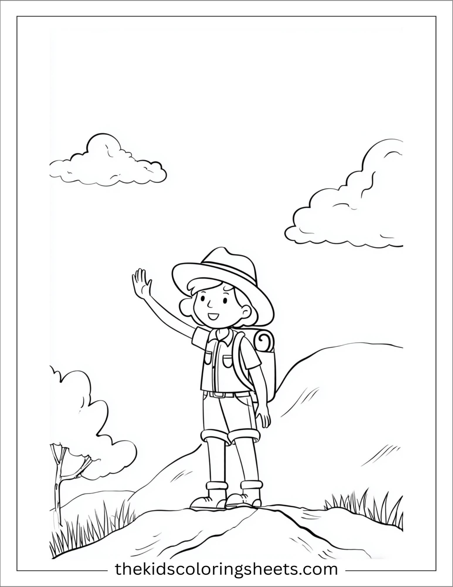 The explorer waving from hill