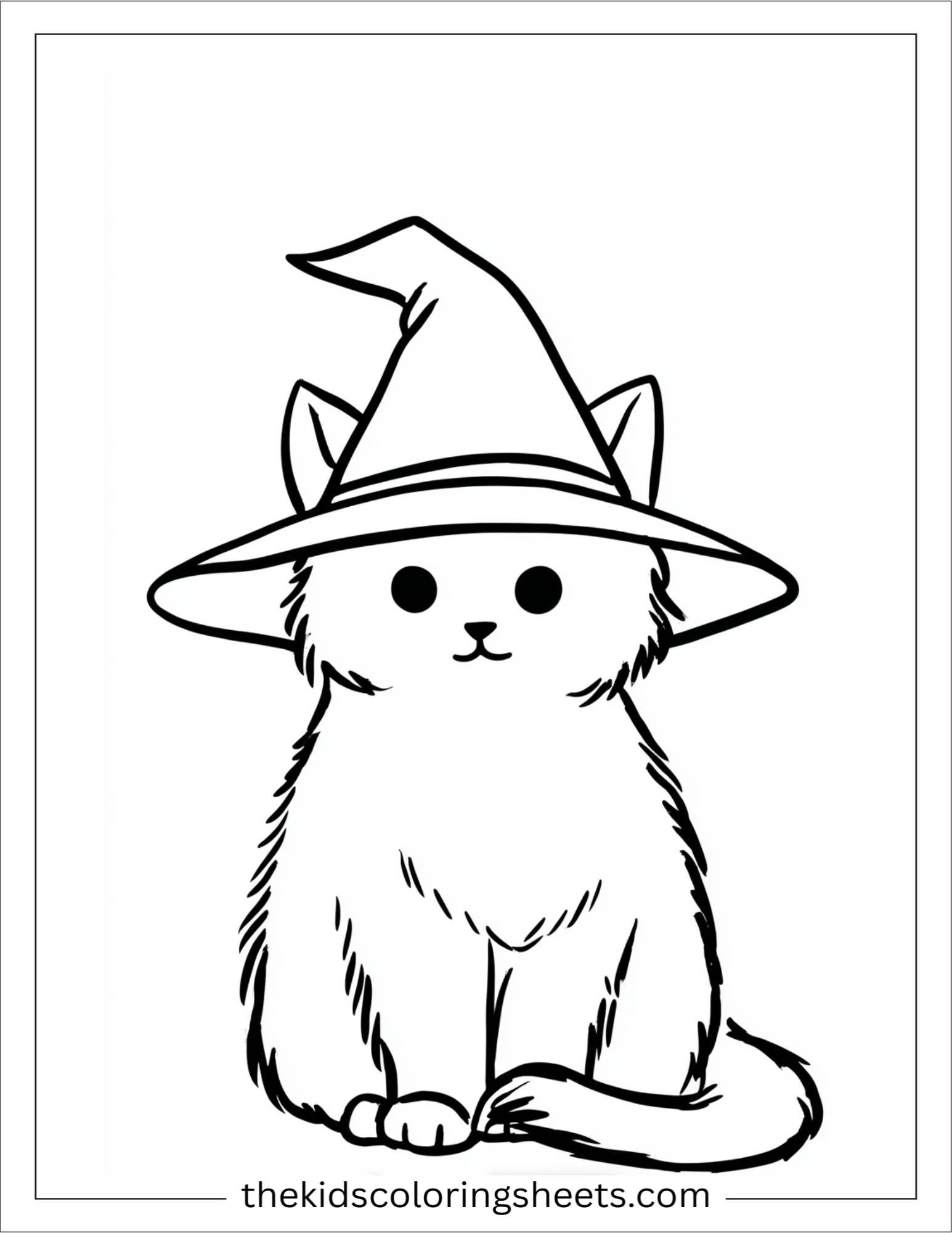 At Halloween, black cat hiding in a witch’s hat