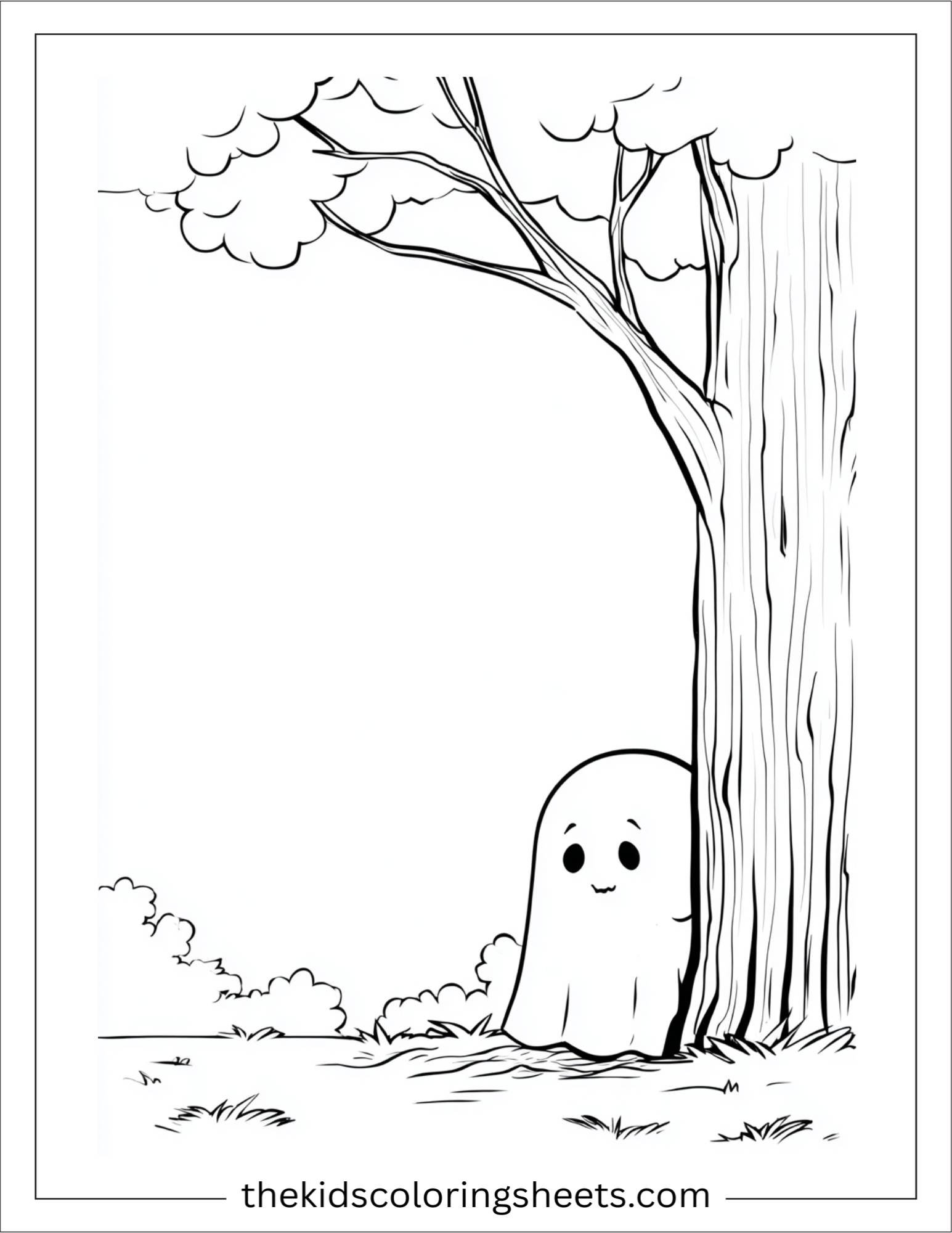 At Halloween, ghost peeking from behind a tree