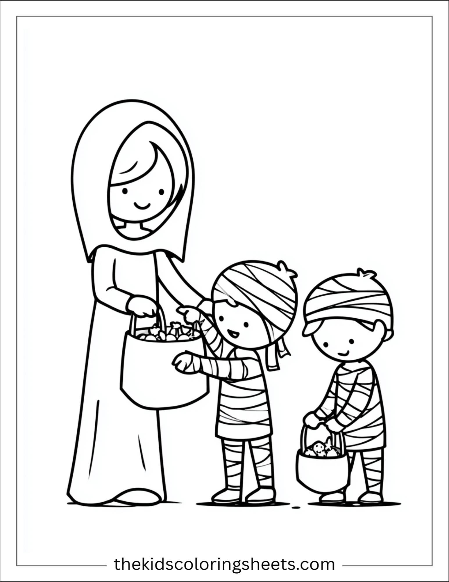 At Halloween, mummy handing out candy