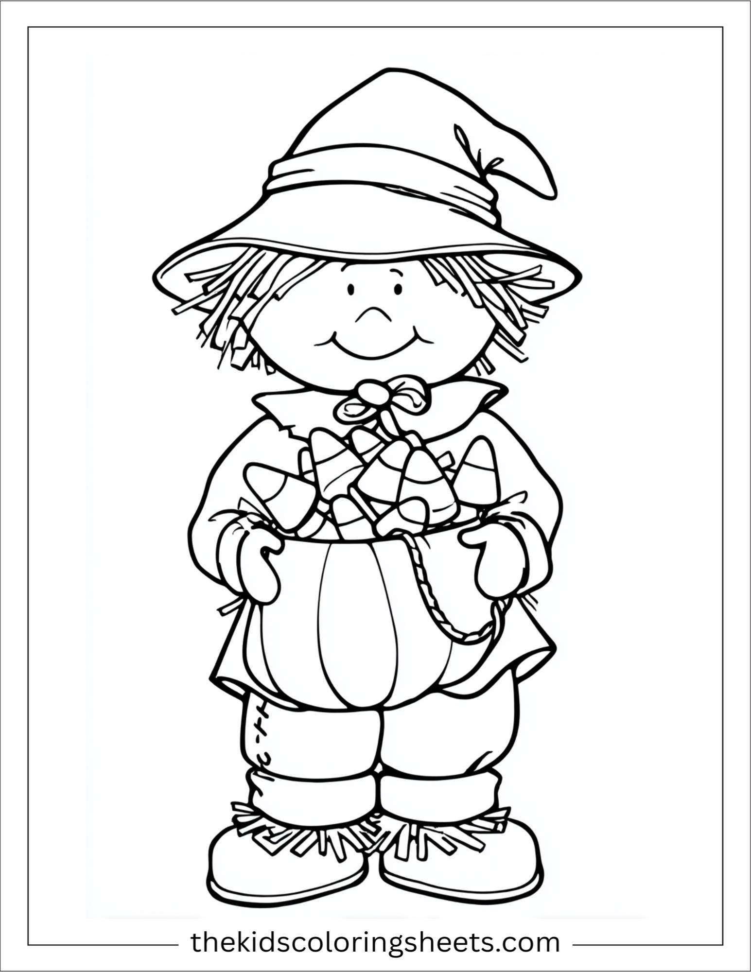 At Halloween, scarecrow eating candy corn