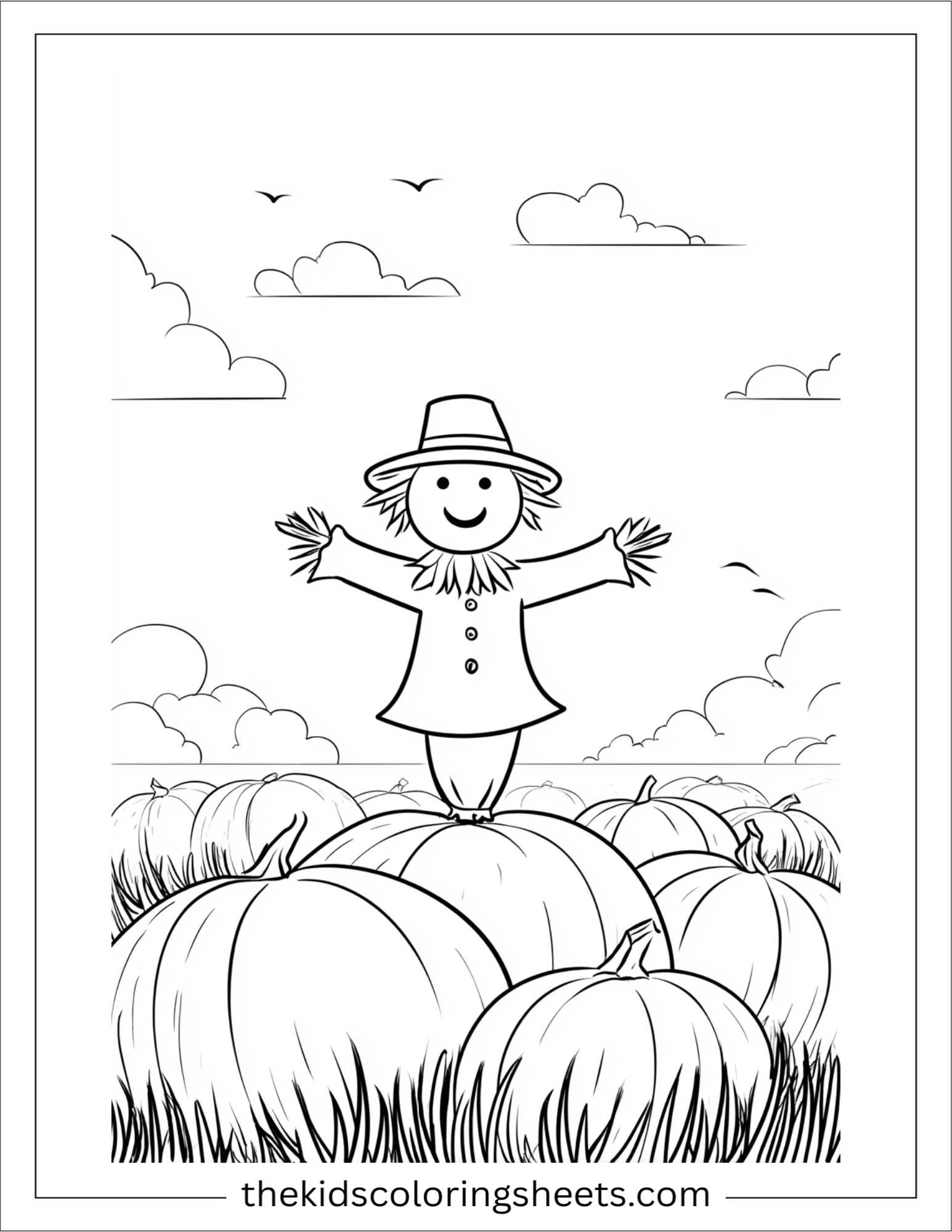 At Halloween, scarecrow waving in a pumpkin field