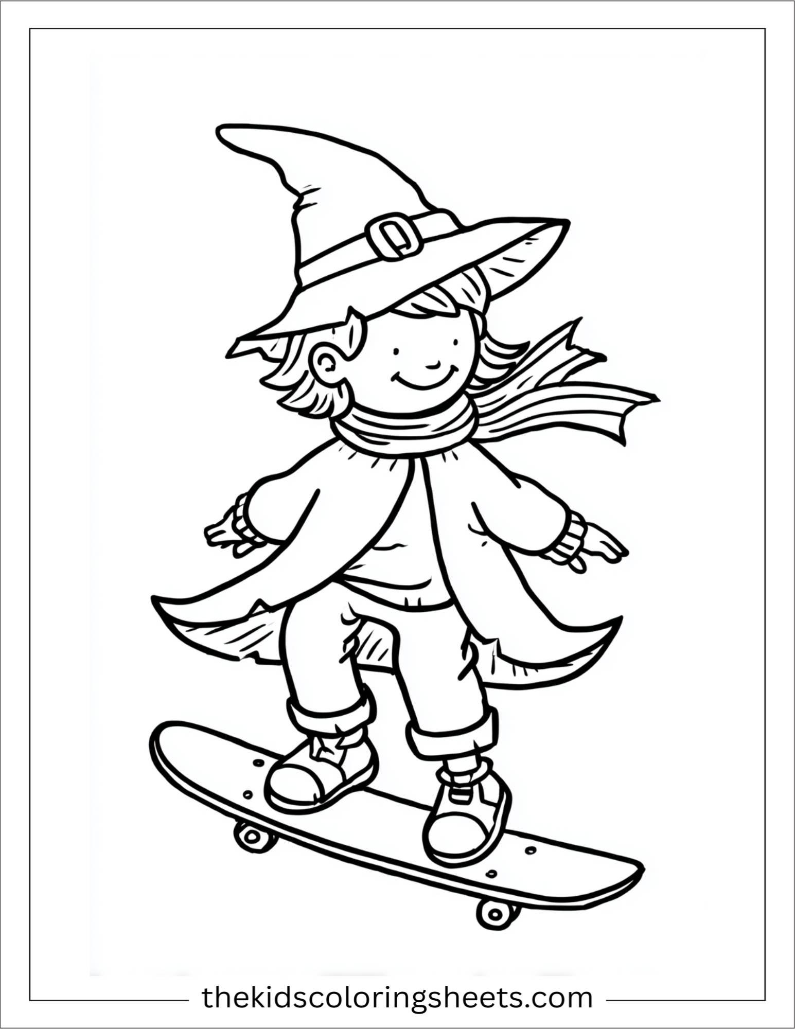 At Halloween, witch riding a skateboard