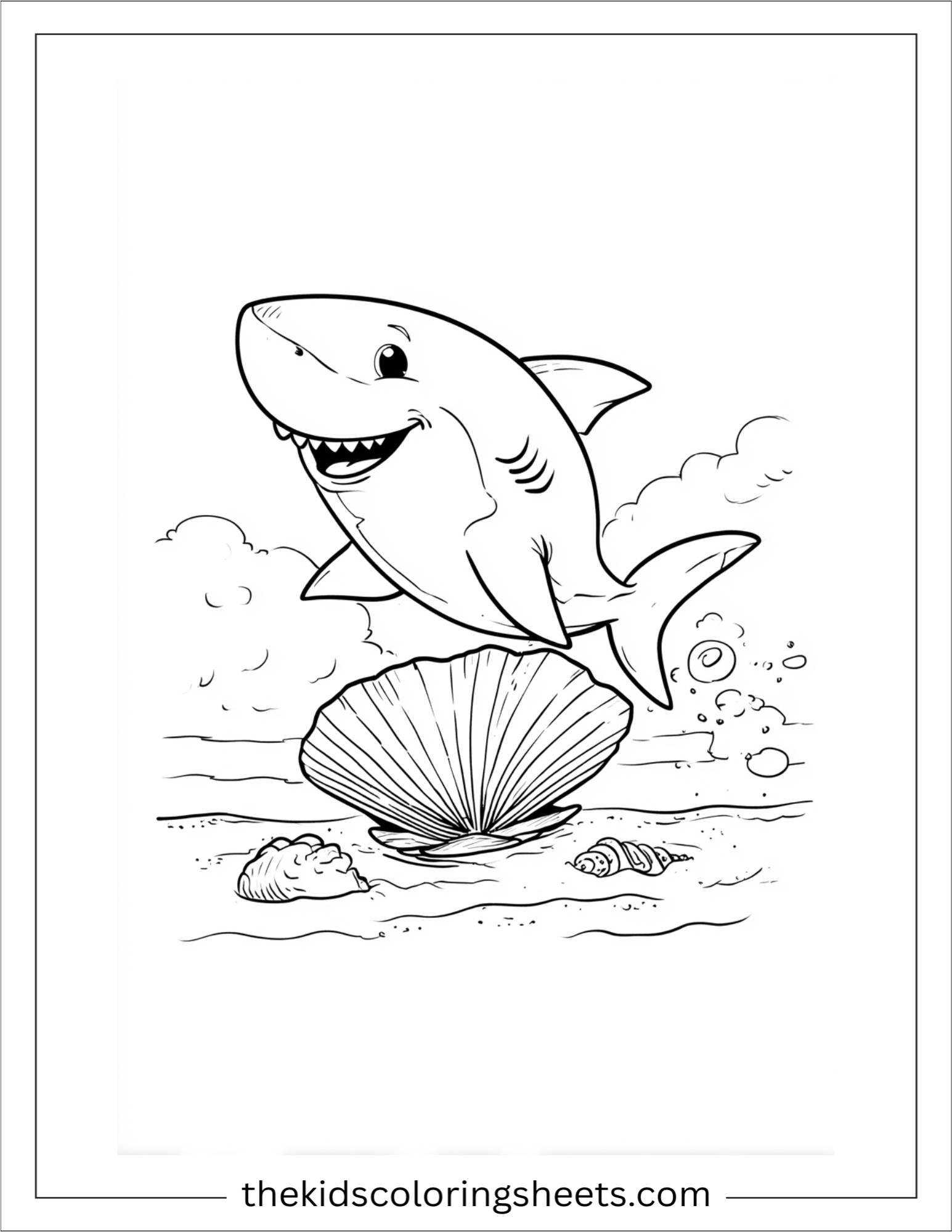 kids coloring sheet of Shark balancing a seashell