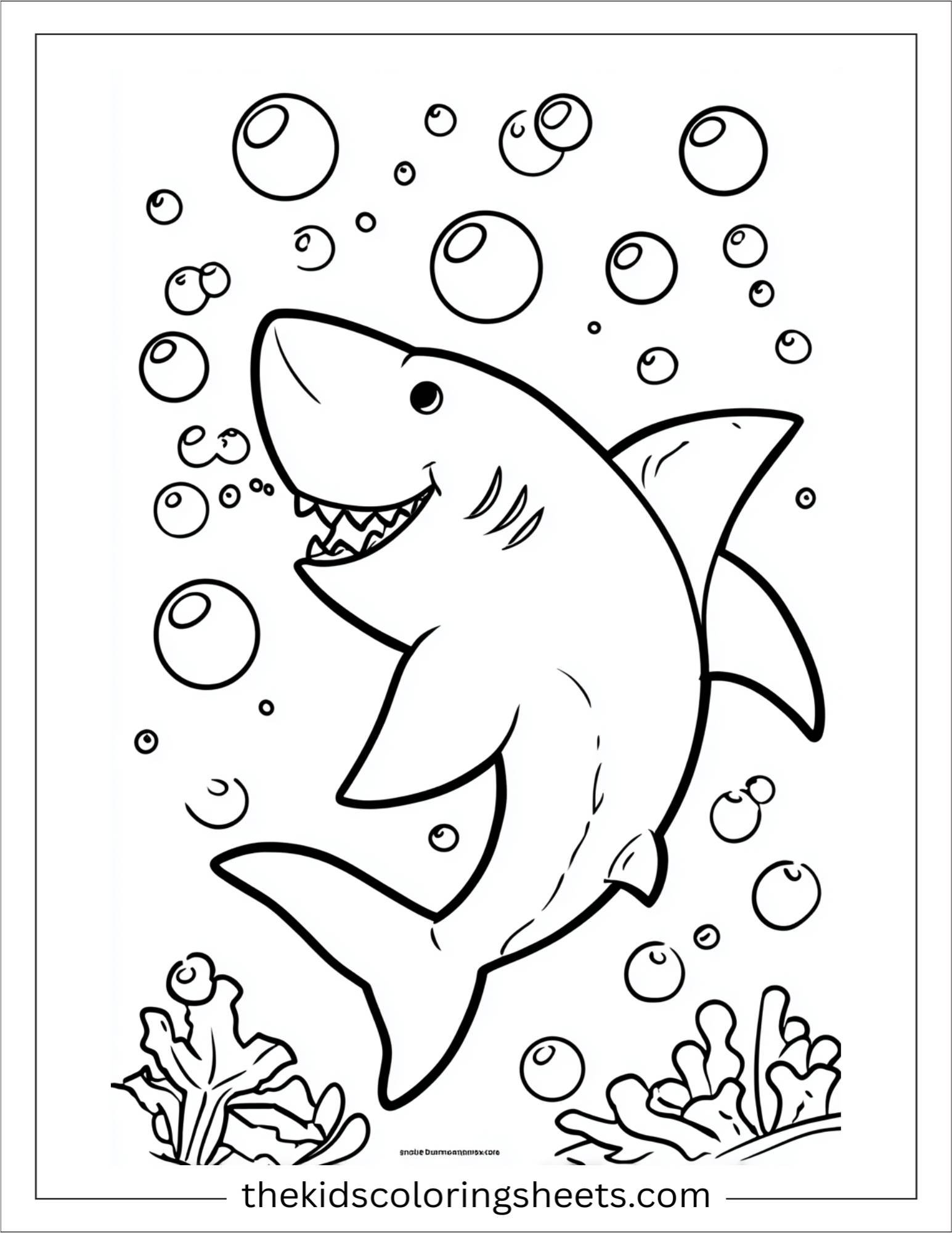 kids coloring sheet of Shark blowing bubbles