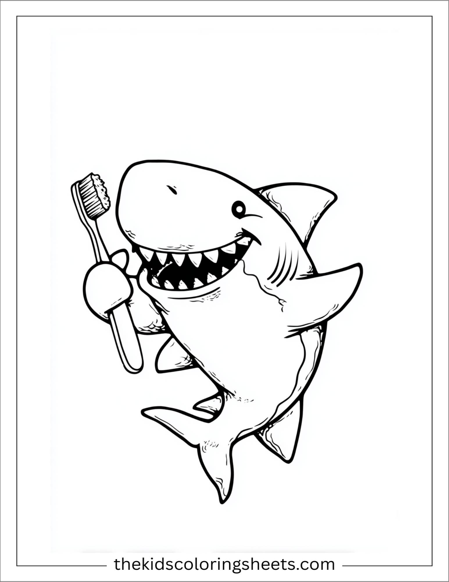 kids coloring sheet of Shark brushing its teeth