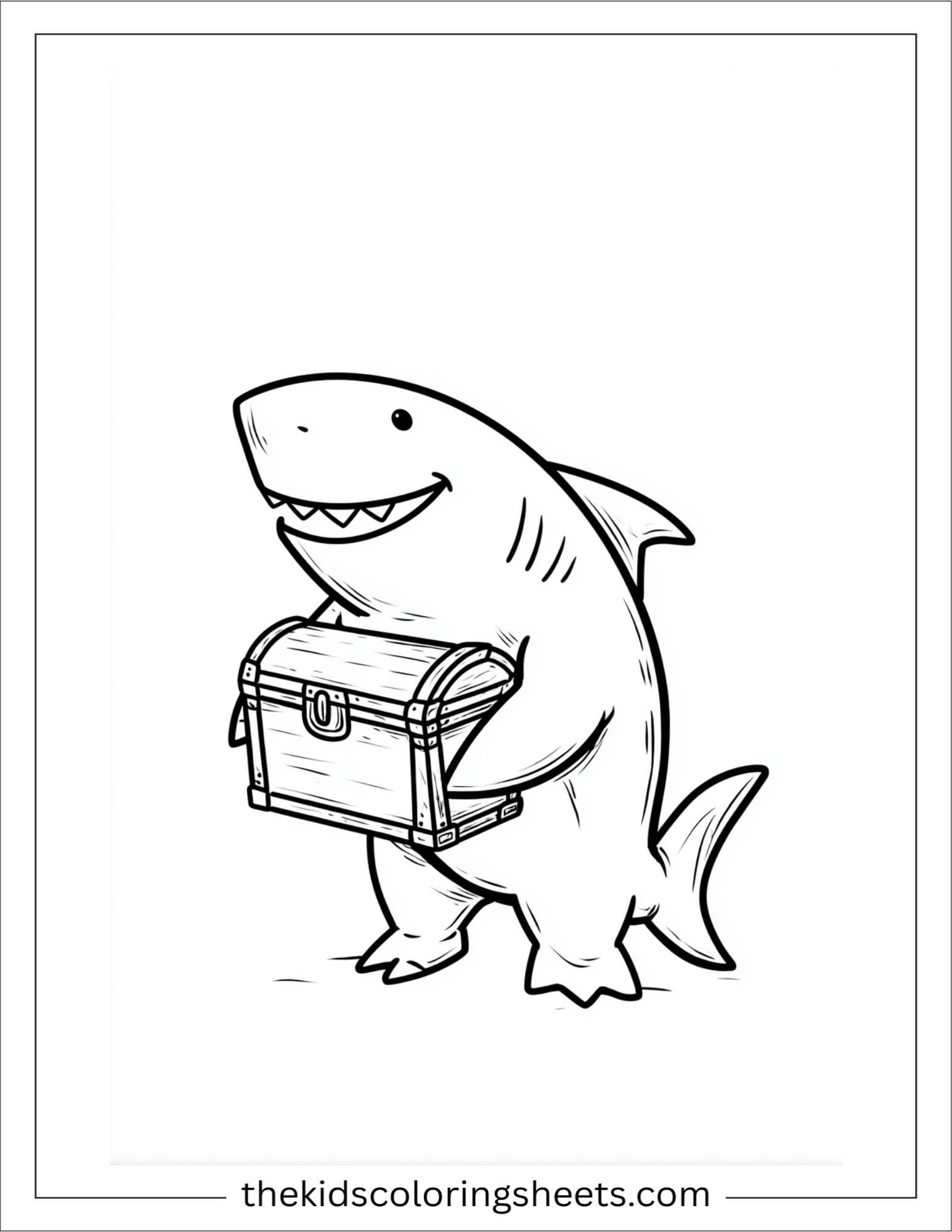 kids coloring sheet of Shark carrying a treasure chest