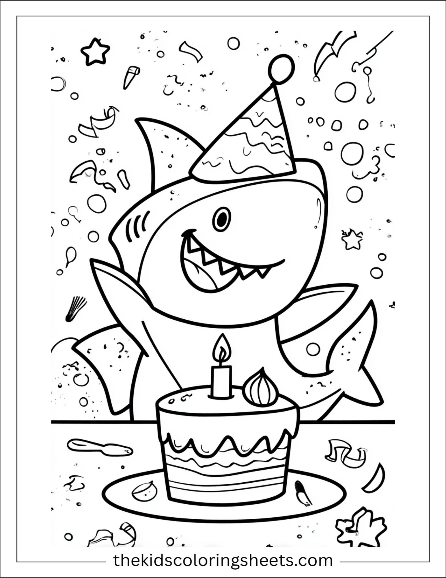 kids coloring sheet of Shark celebrating a birthday