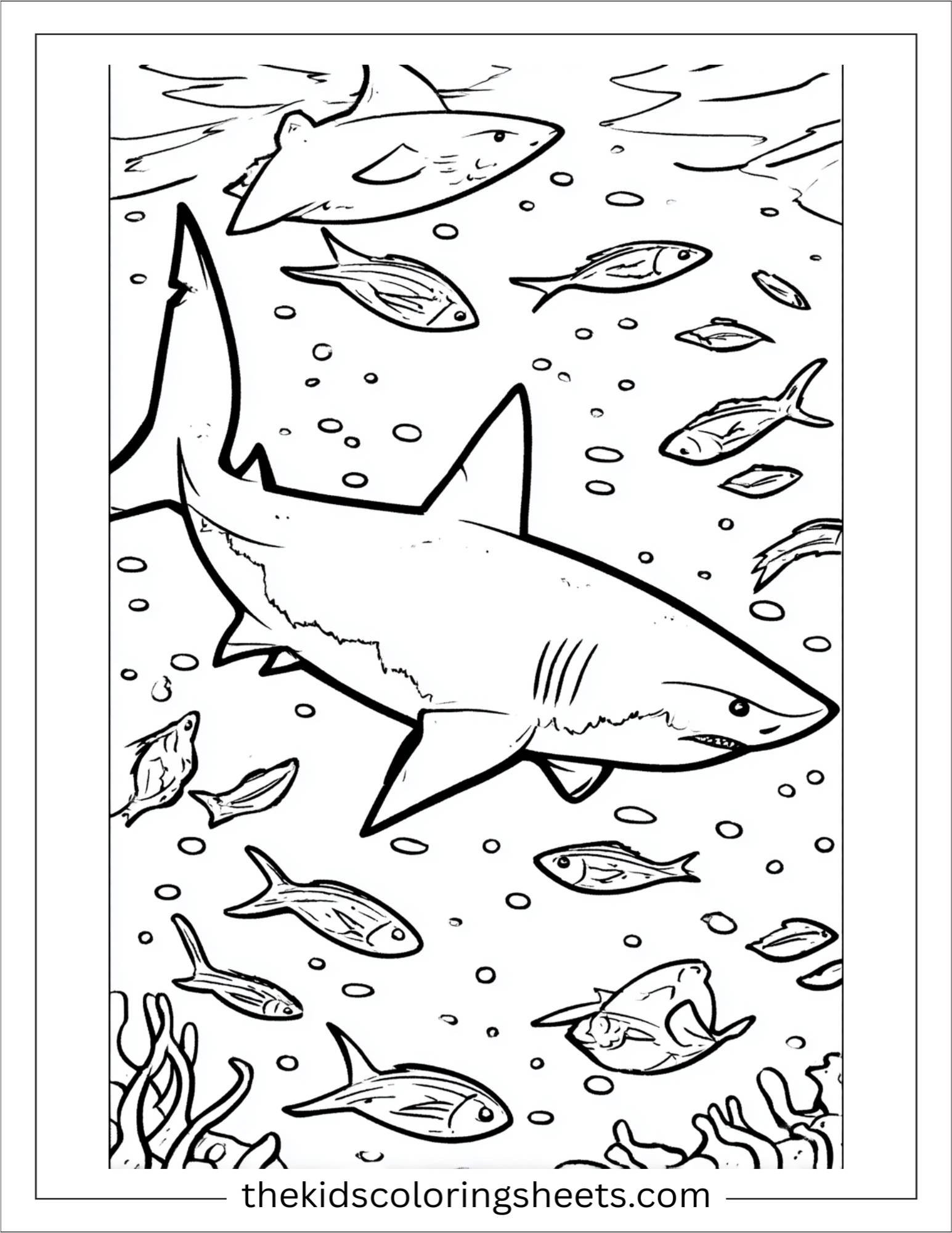 kids coloring sheet of Shark chasing small fish playfully