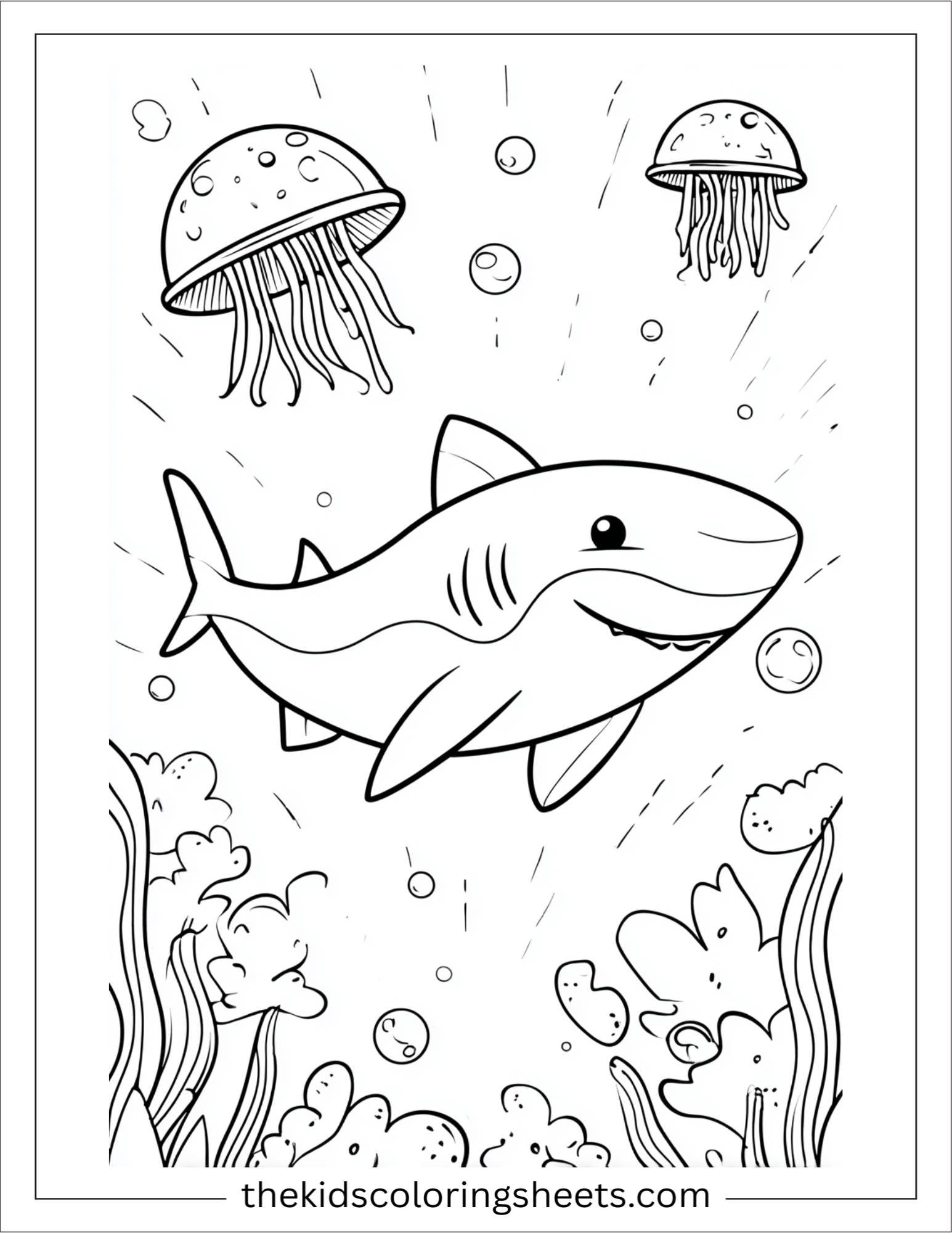 kids coloring sheet of Shark dancing with a jellyfish