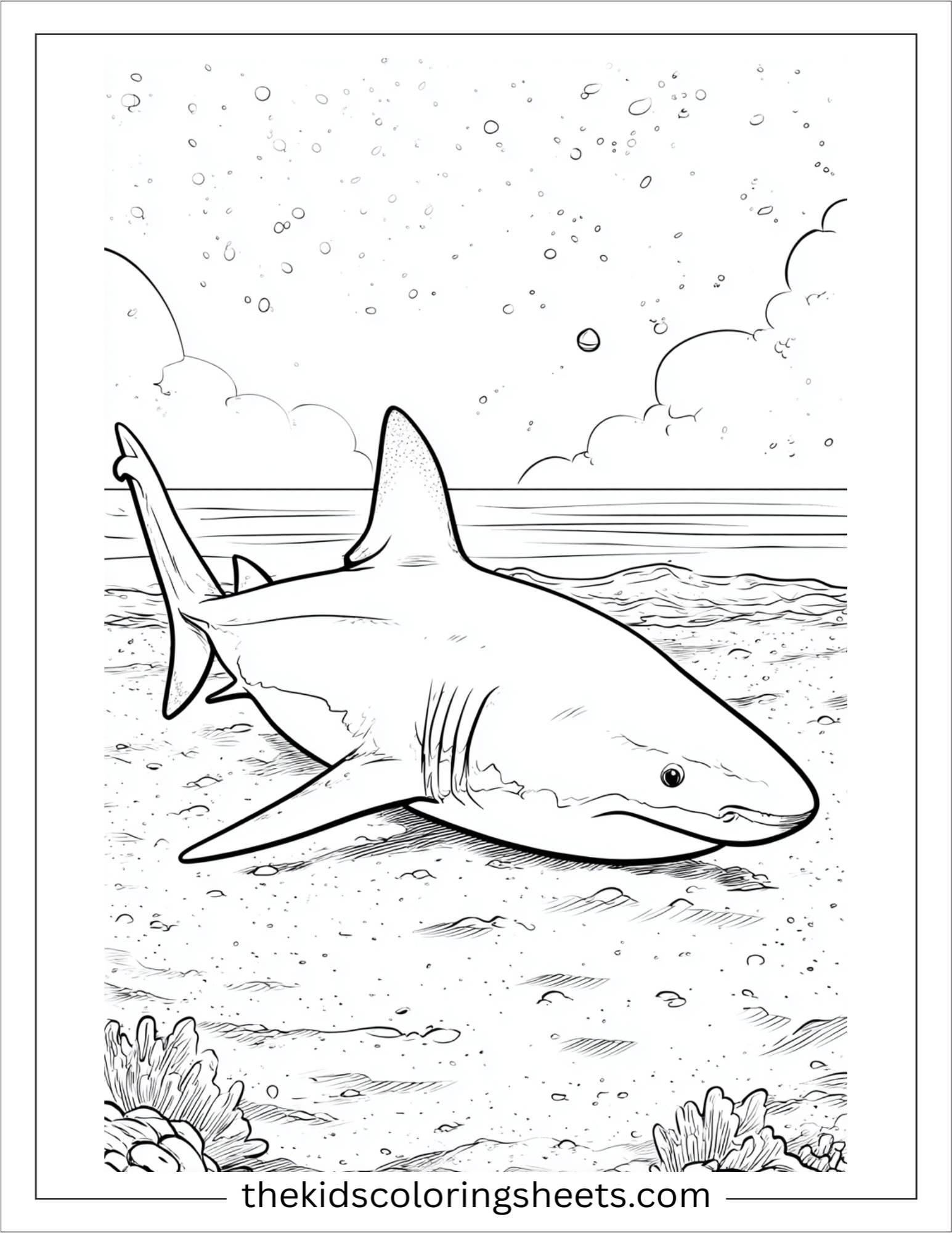 kids coloring sheet of Shark drawing on ocean sand