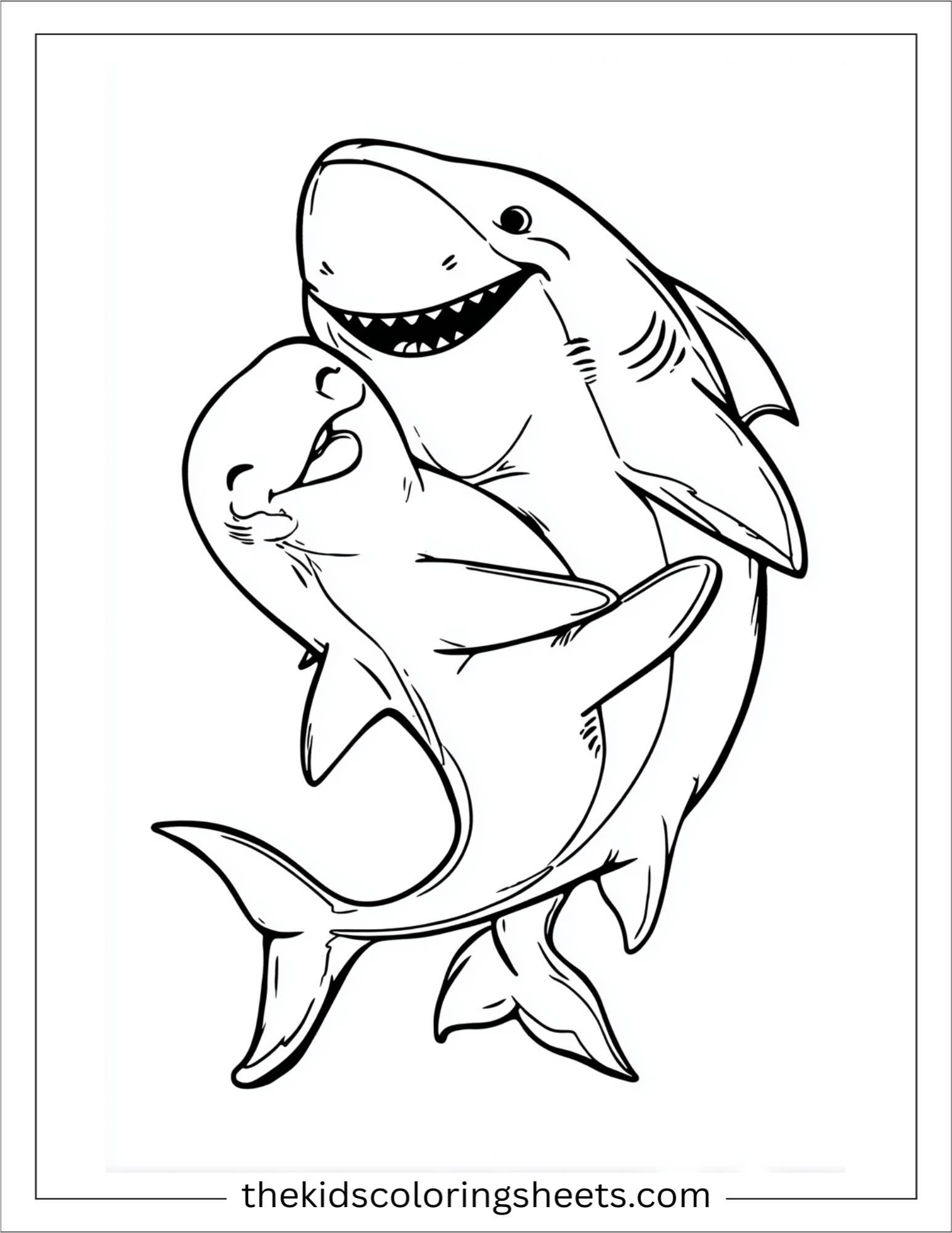 kids coloring sheet of Shark hugging a dolphin