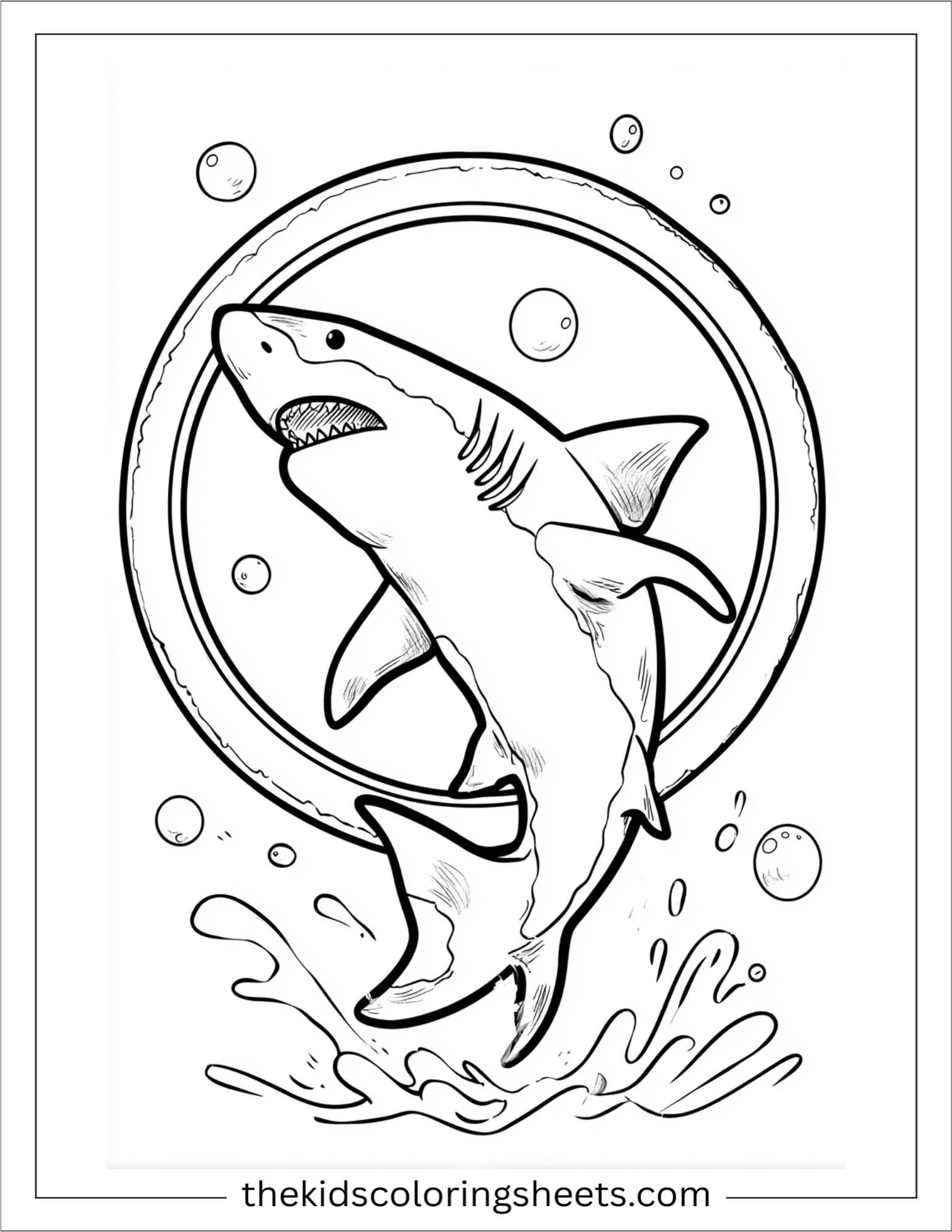 kids coloring sheet of Shark jumping through a hoop