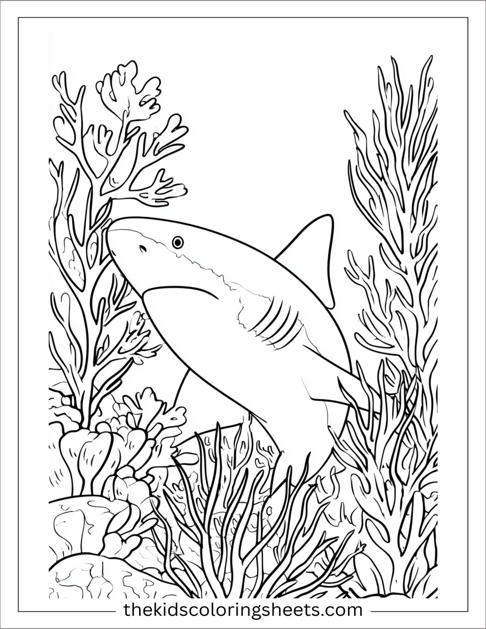 kids coloring sheet of Shark peeking from coral