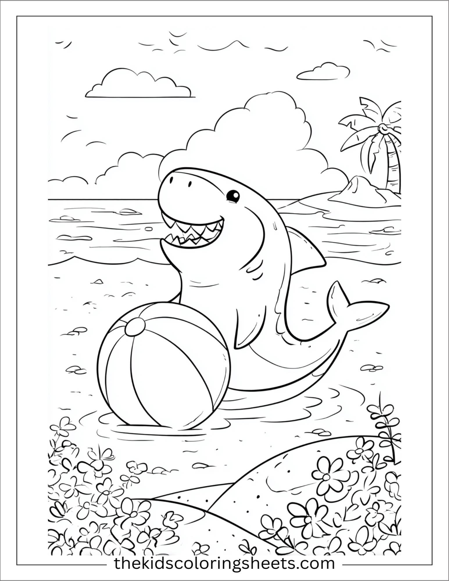 kids coloring sheet of Shark playing with a beach ball