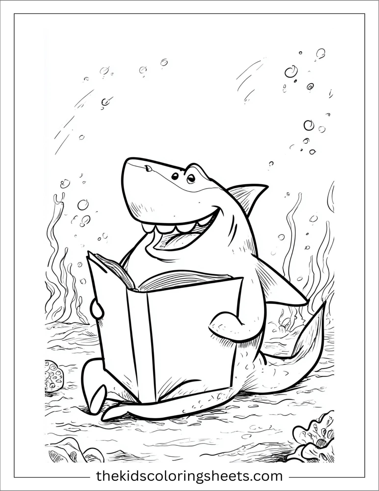 kids coloring sheet of Shark reading a book