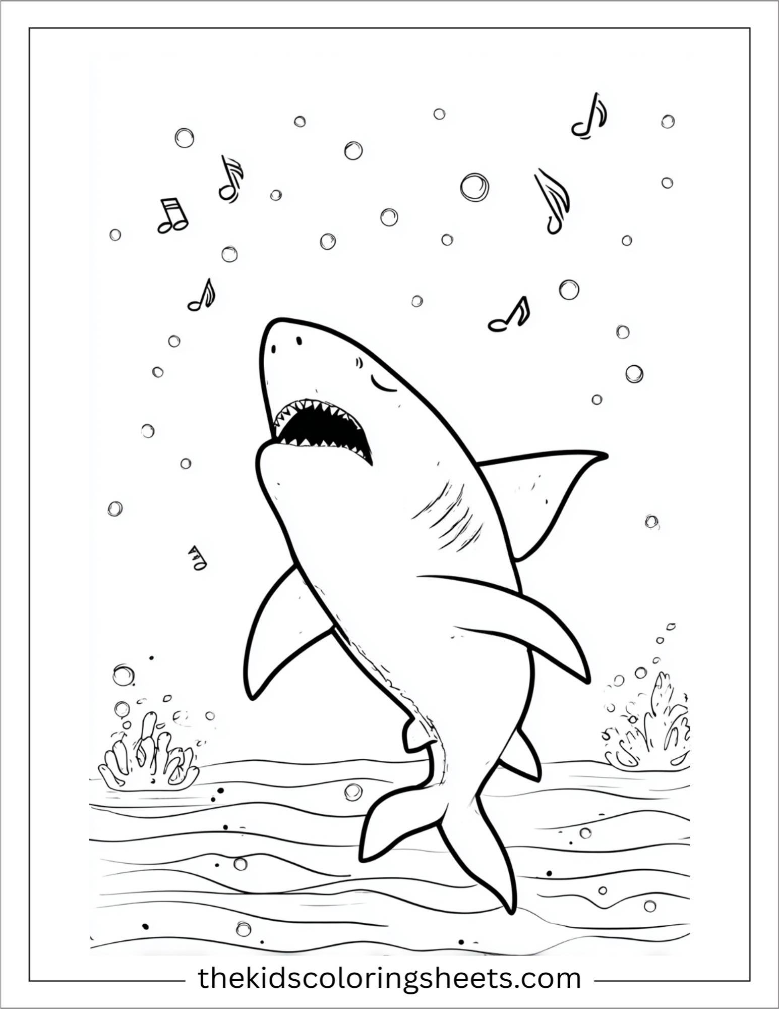 kids coloring sheet of Shark singing a tune