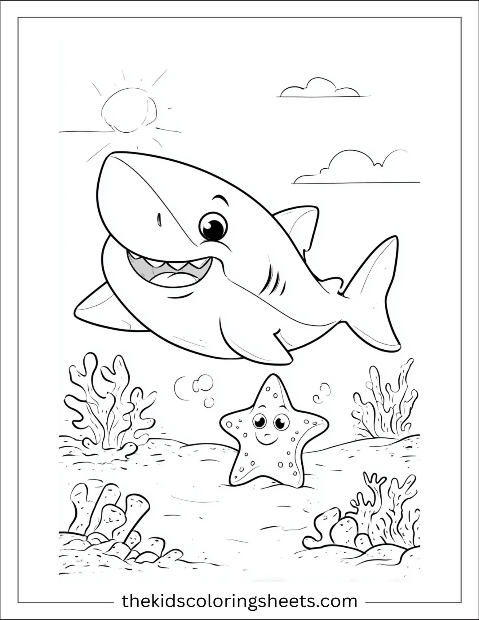 kids coloring sheet of Shark smiling with a starfish friend