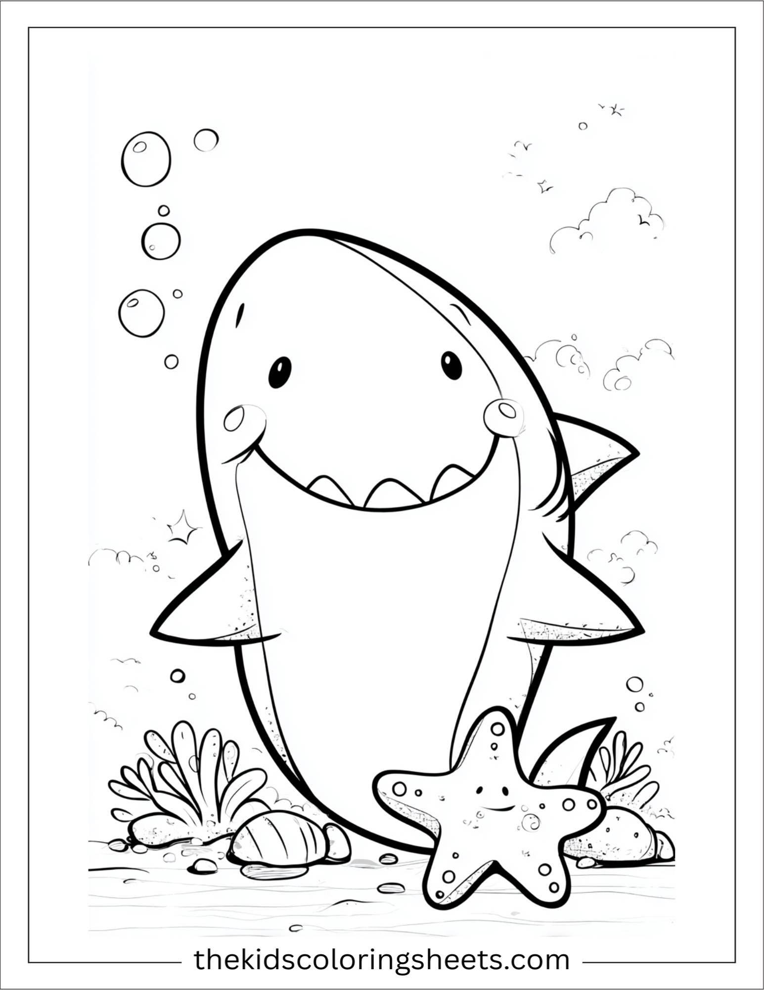 kids coloring sheet of Shark smiling with sharp teeth