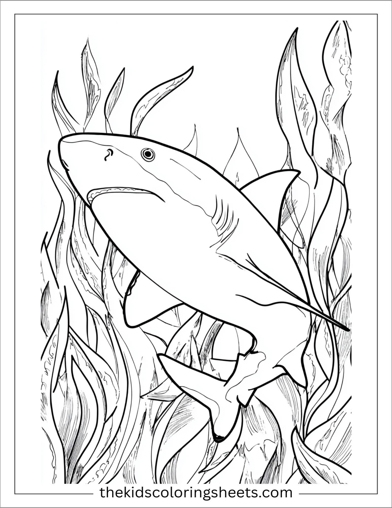 kids coloring sheet of Shark tickled by seaweed