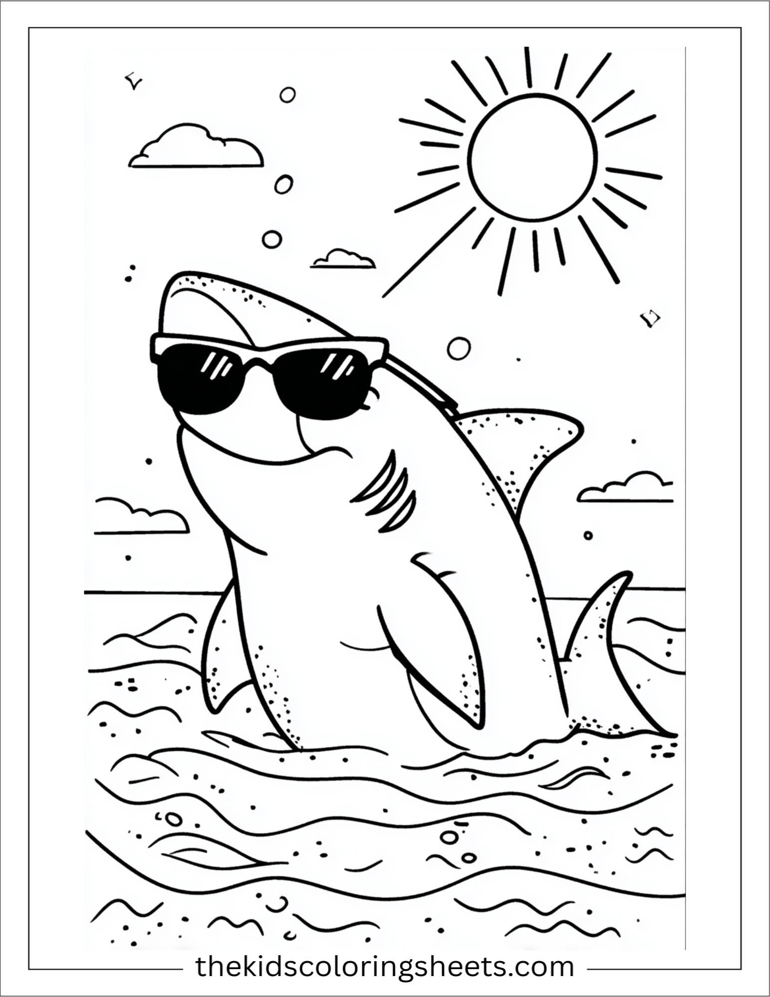 kids coloring sheet of Shark wearing sunglasses