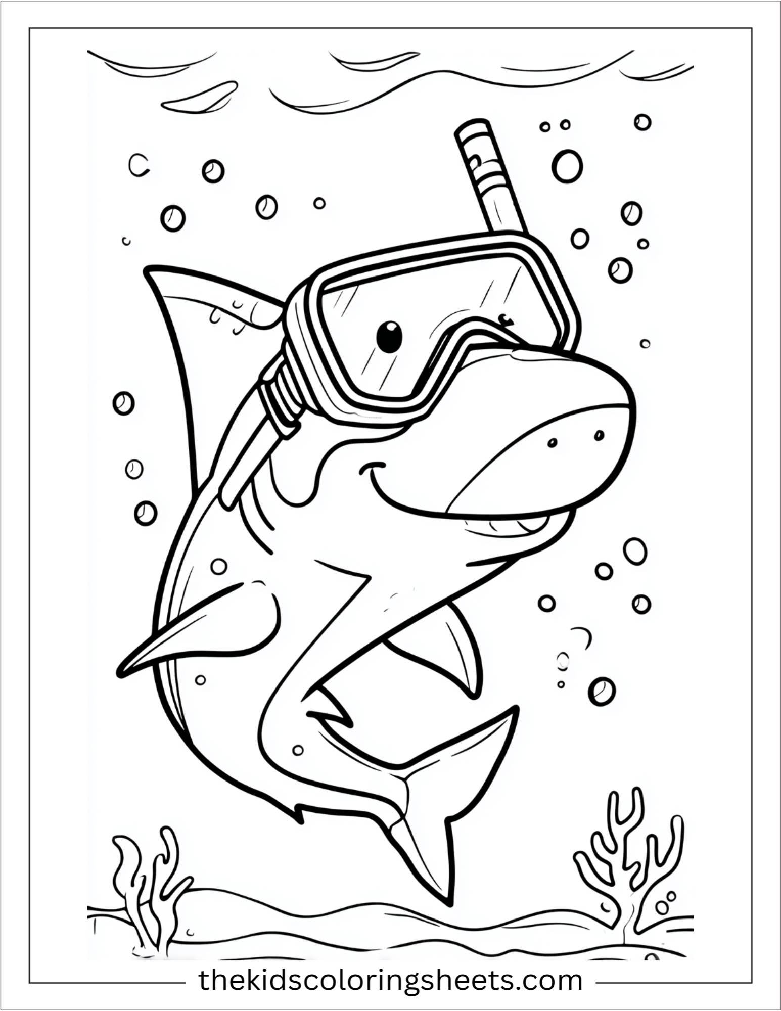 kids coloring sheet of Shark with a snorkel mask