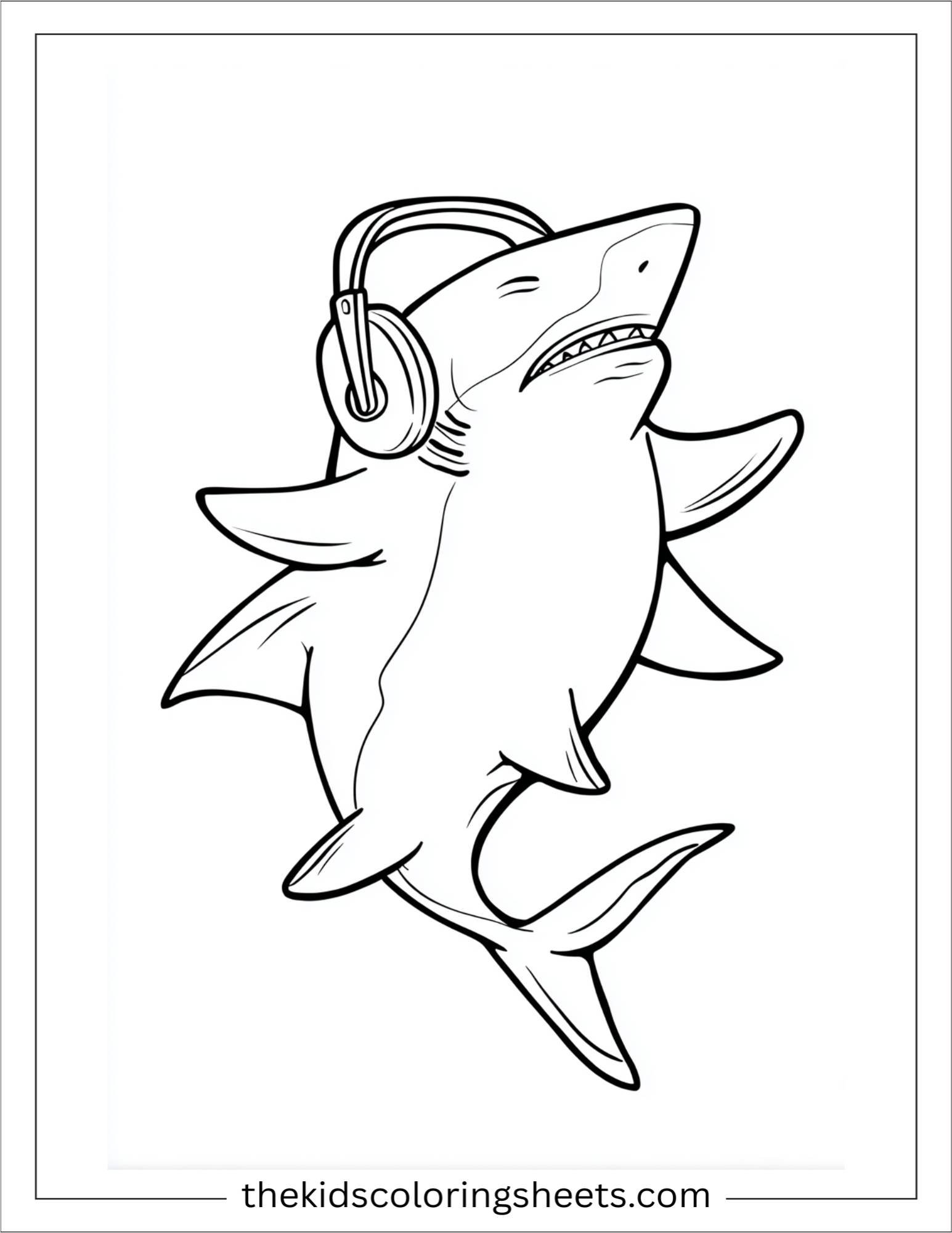 kids coloring sheet of Shark with headphones dancing