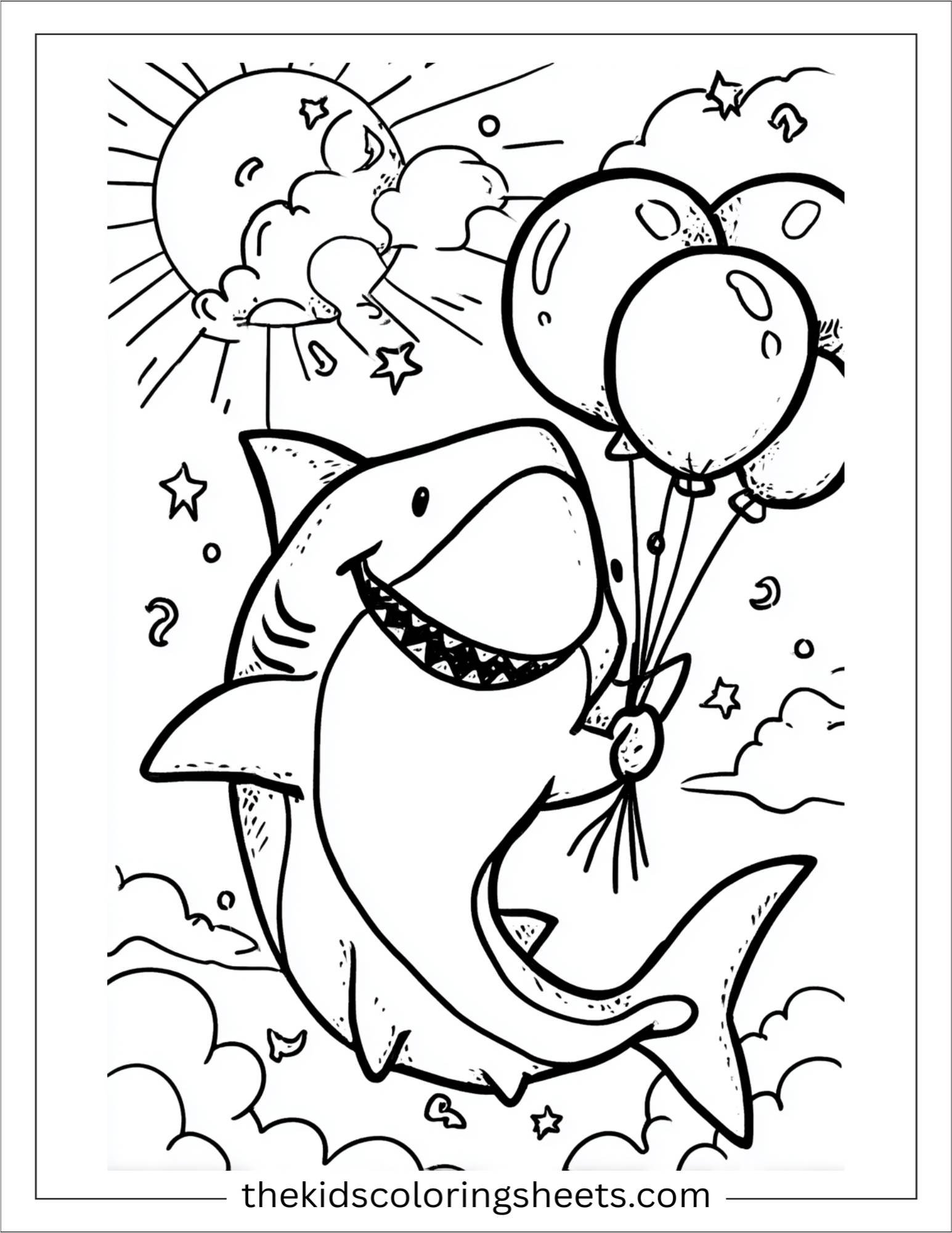 kids coloring sheet of Shark with party balloons