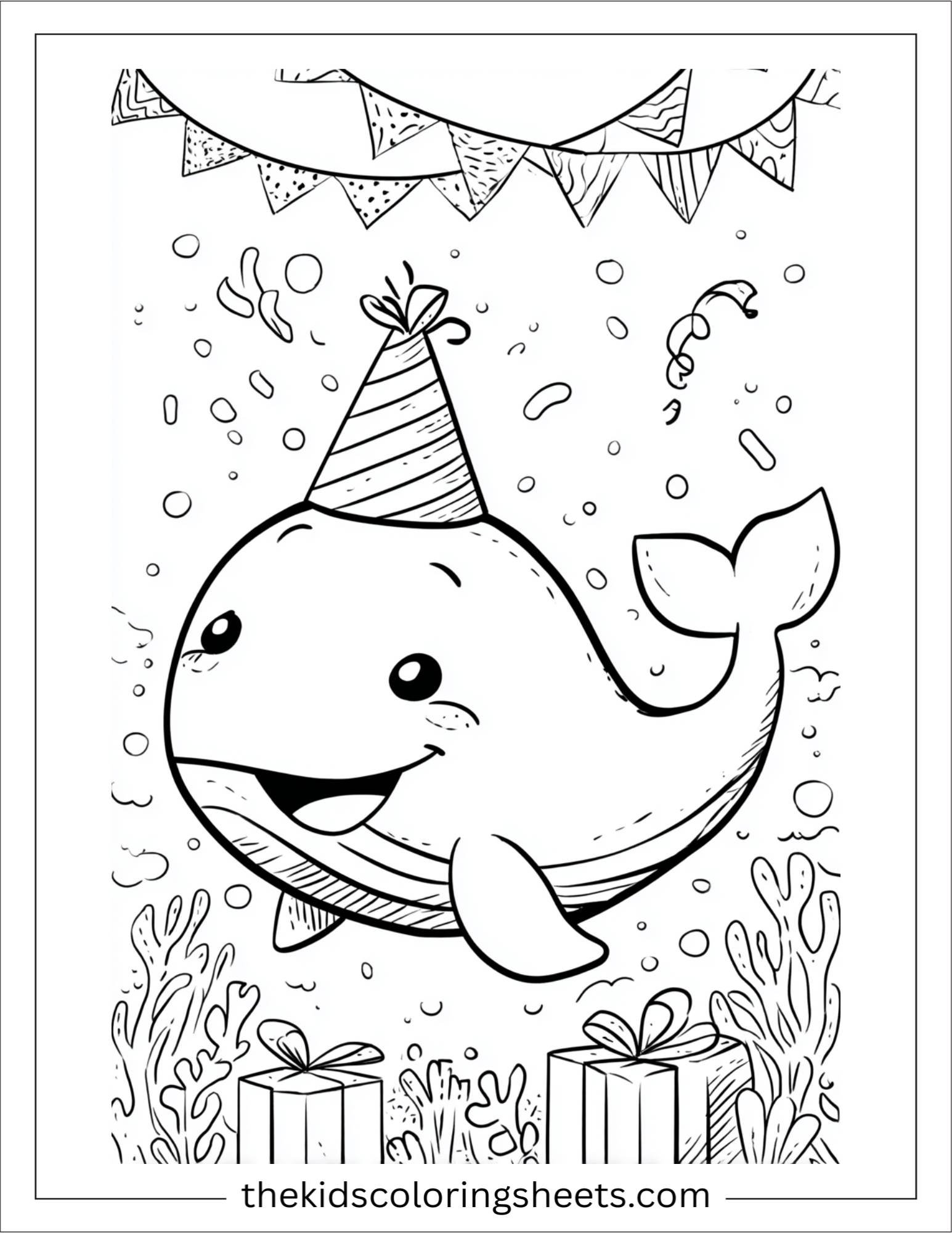 kids coloring sheet of Whale celebrating birthday