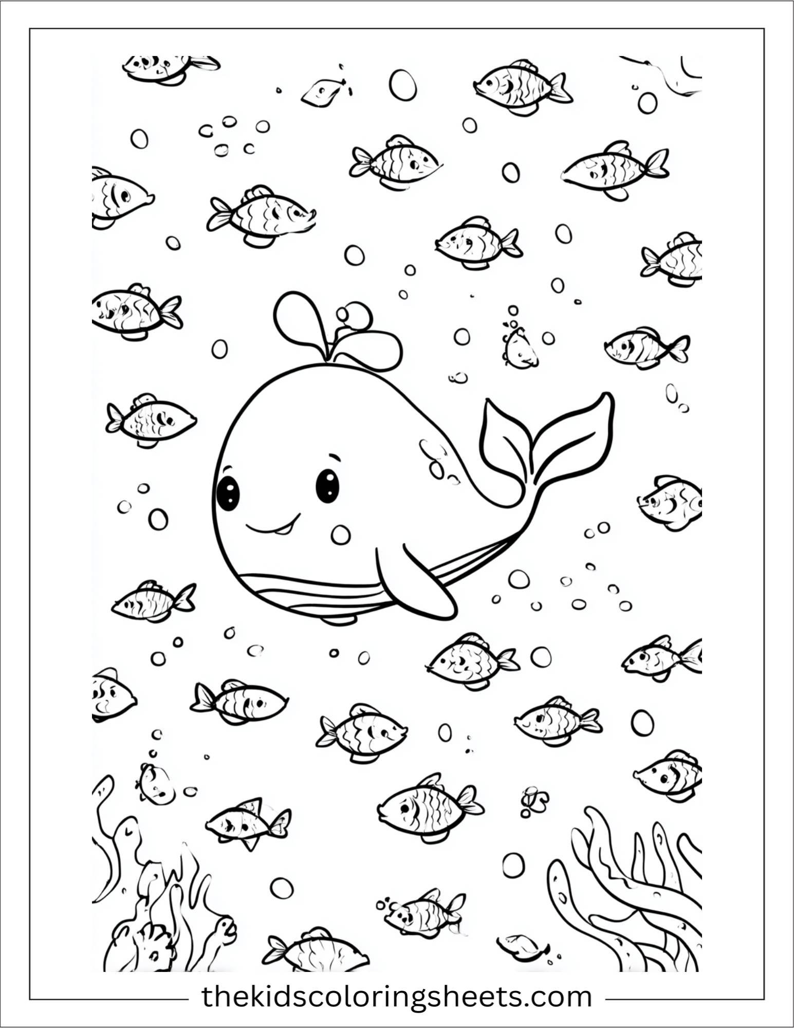 kids coloring sheet of Whale chasing a school of fish
