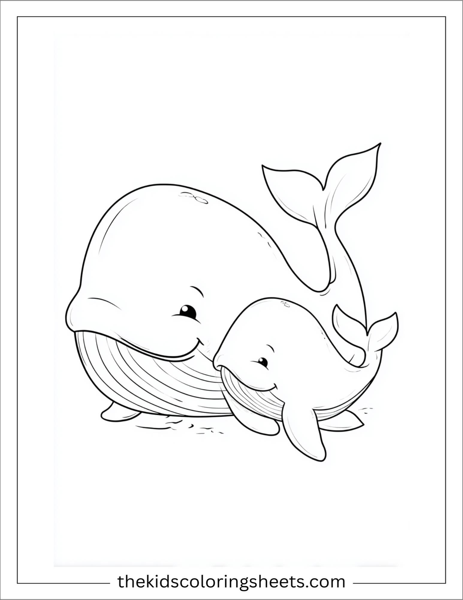 kids coloring sheet of Whale cuddling baby calf
